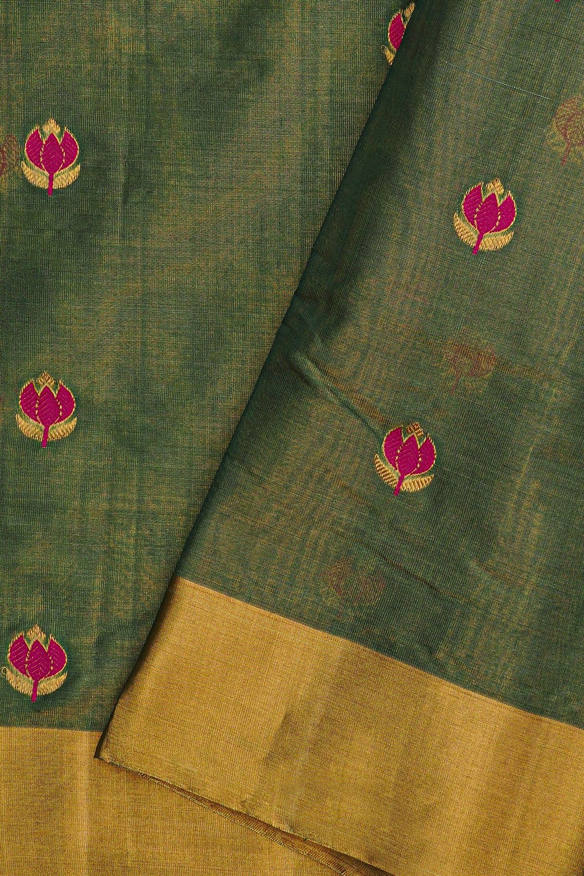Chanderi Silk Bottle Green Saree With Meenakari Florals And Kaddi Border