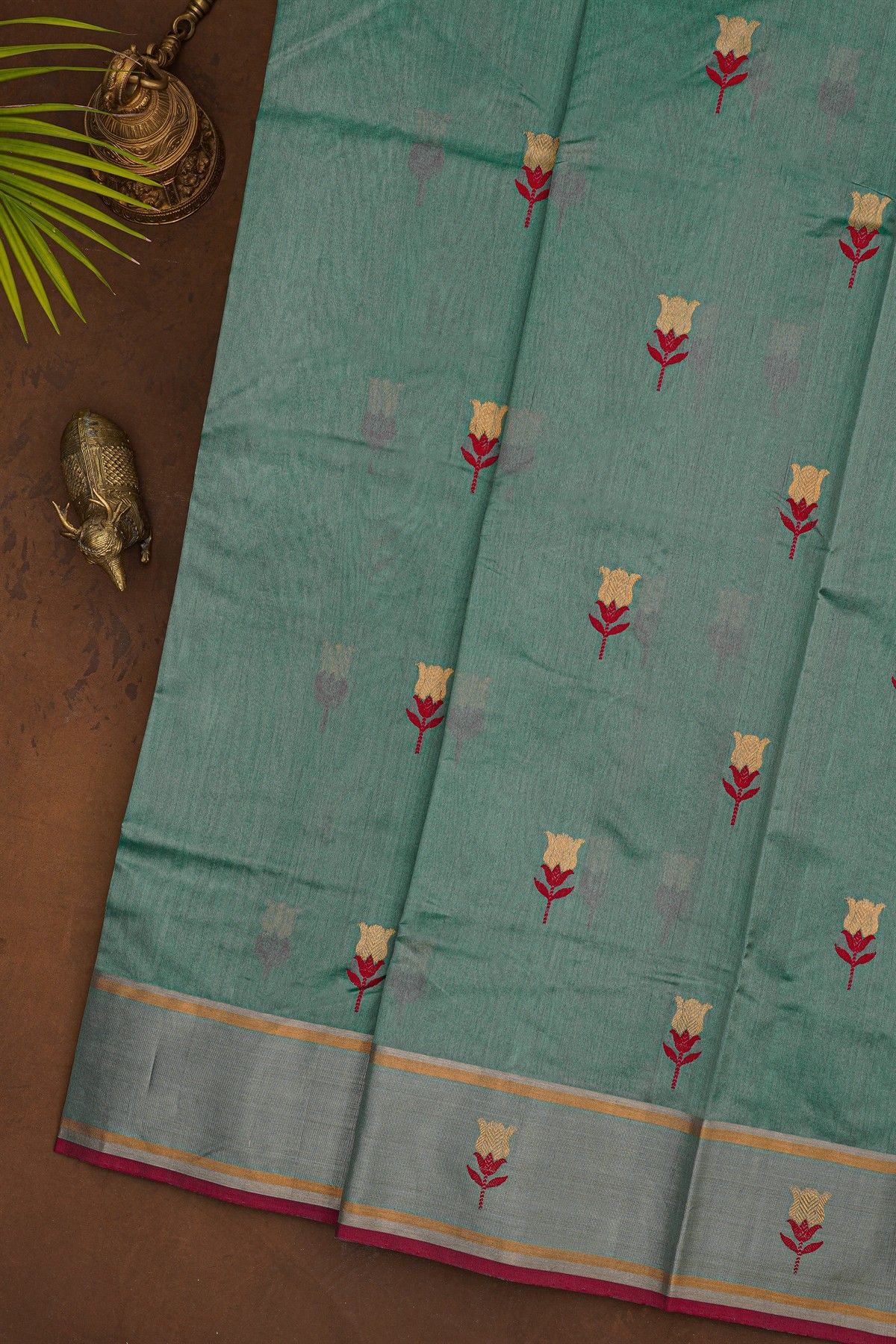 Chanderi Silk Sea Blue Saree With Meenakari Floral Buttis