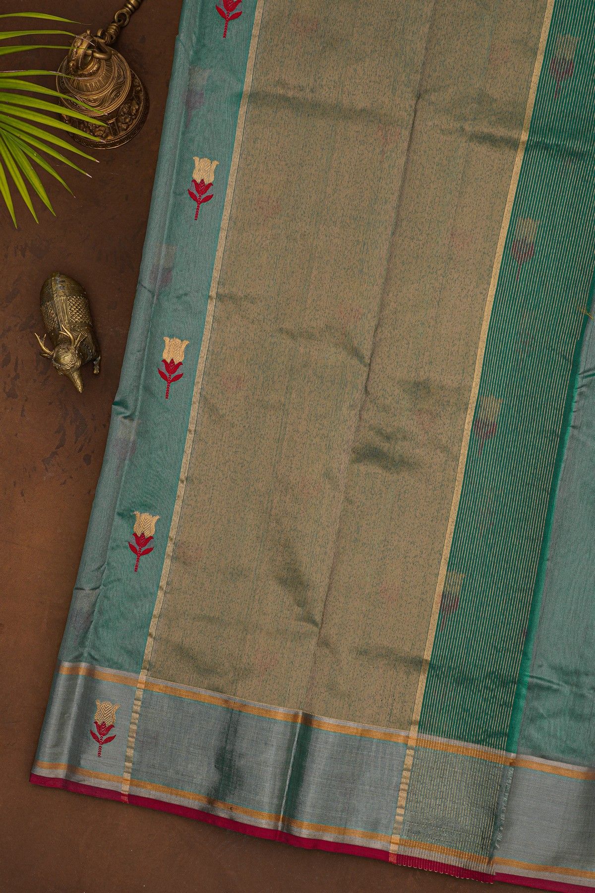 Chanderi Silk Sea Blue Saree With Meenakari Floral Buttis