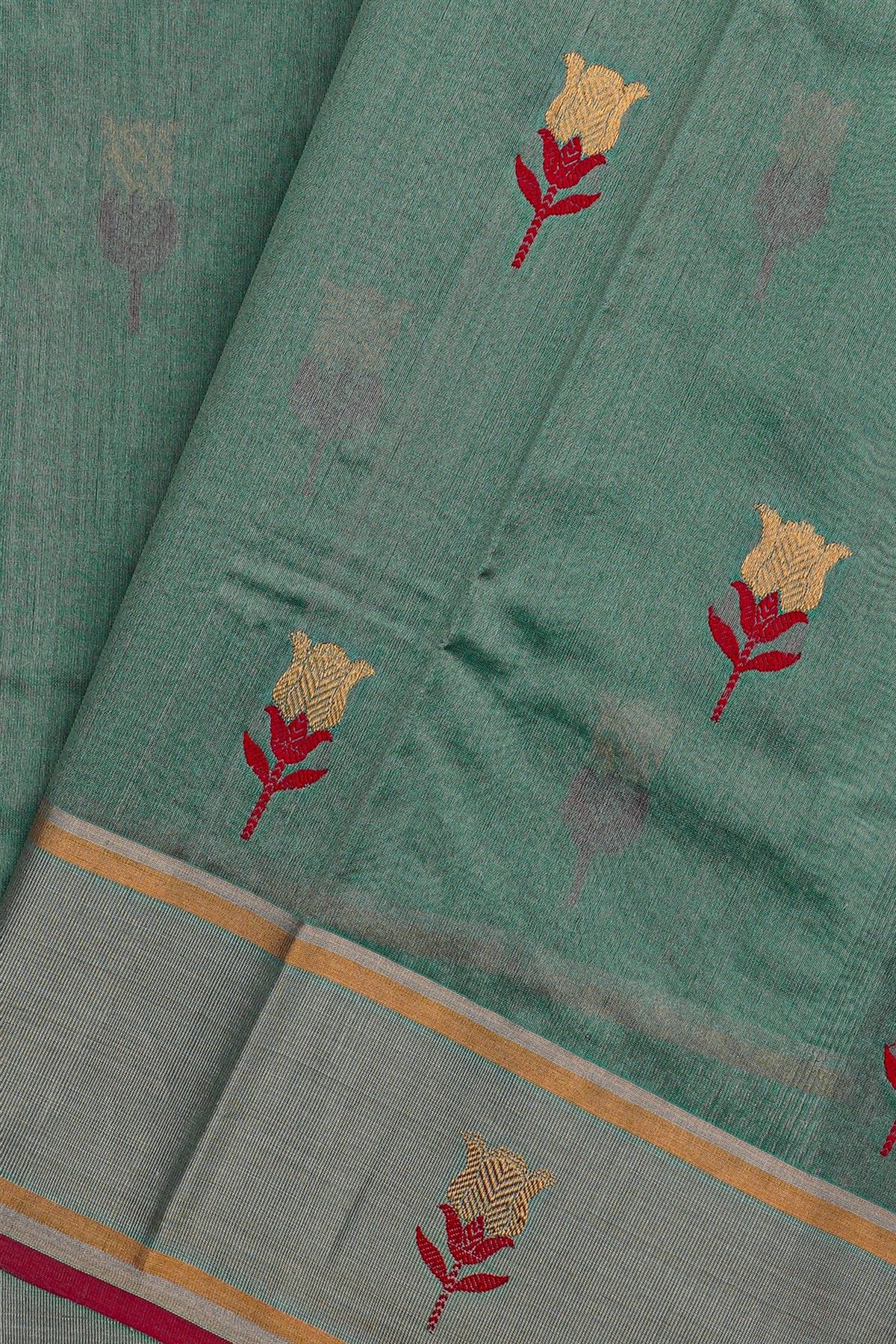 Chanderi Silk Sea Blue Saree With Meenakari Floral Buttis