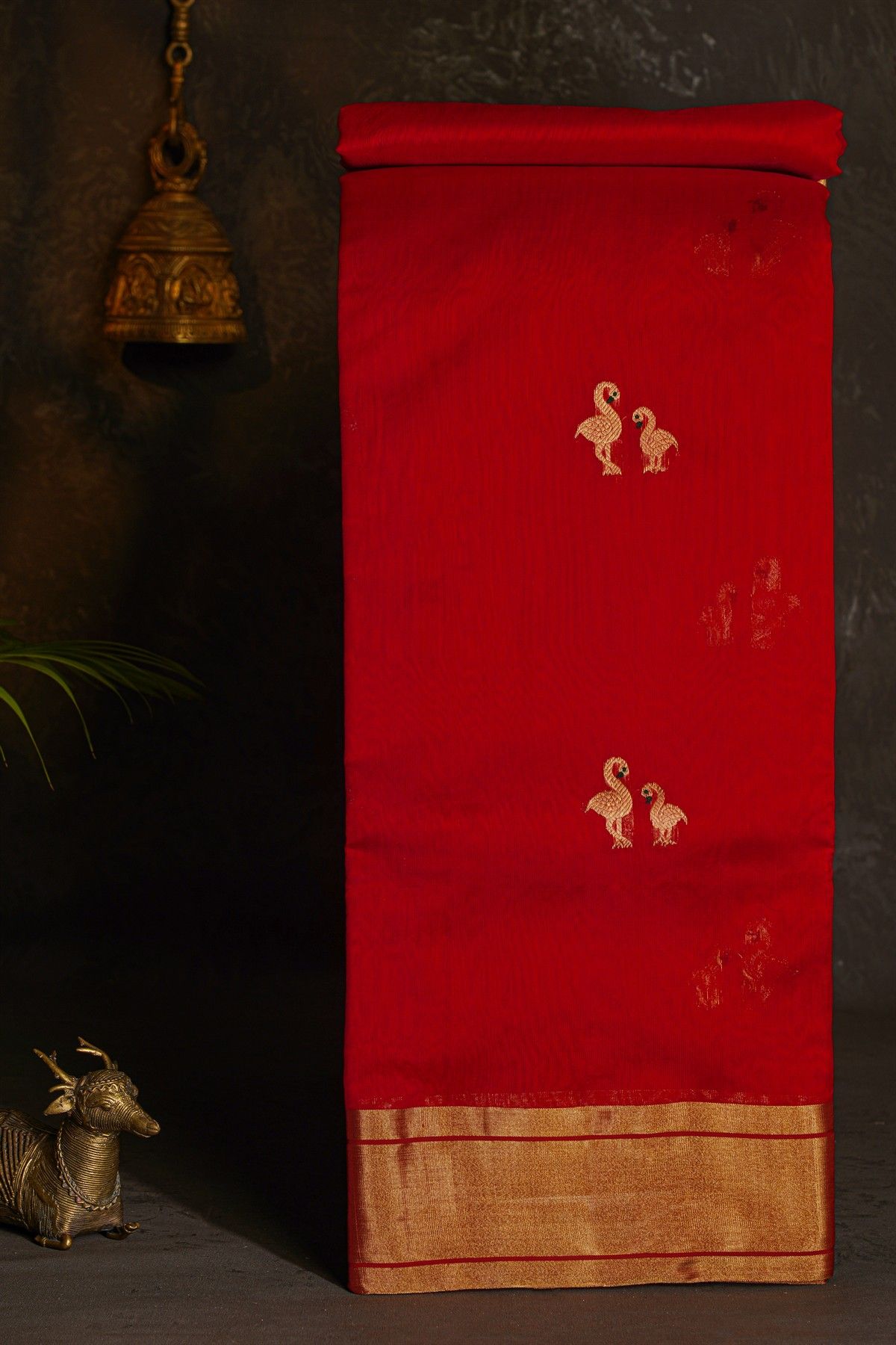 Chanderi Silk Red Saree With Crane Buttis And Kaddi Border