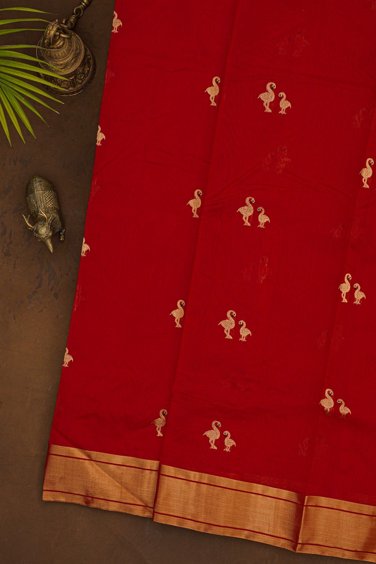 Chanderi Silk Red Saree With Crane Buttis And Kaddi Border