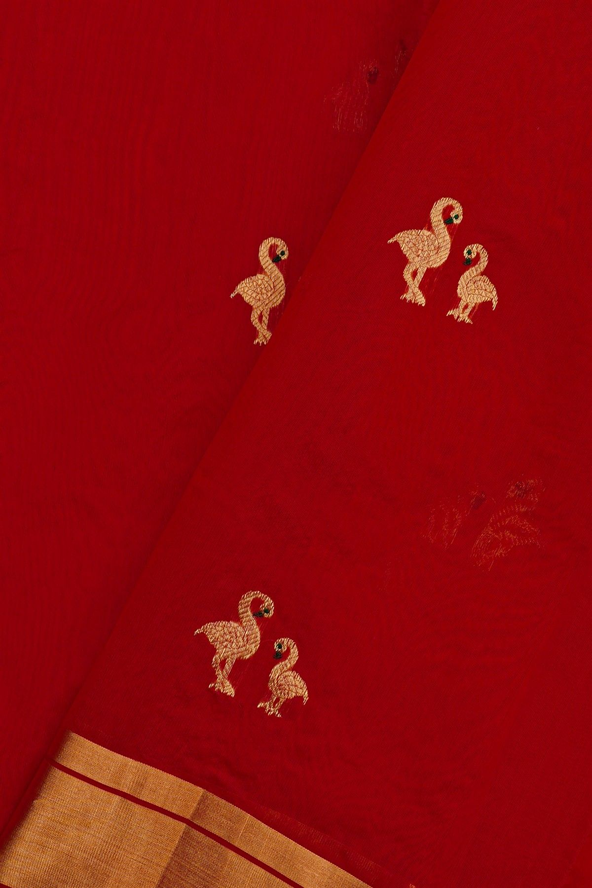 Chanderi Silk Red Saree With Crane Buttis And Kaddi Border