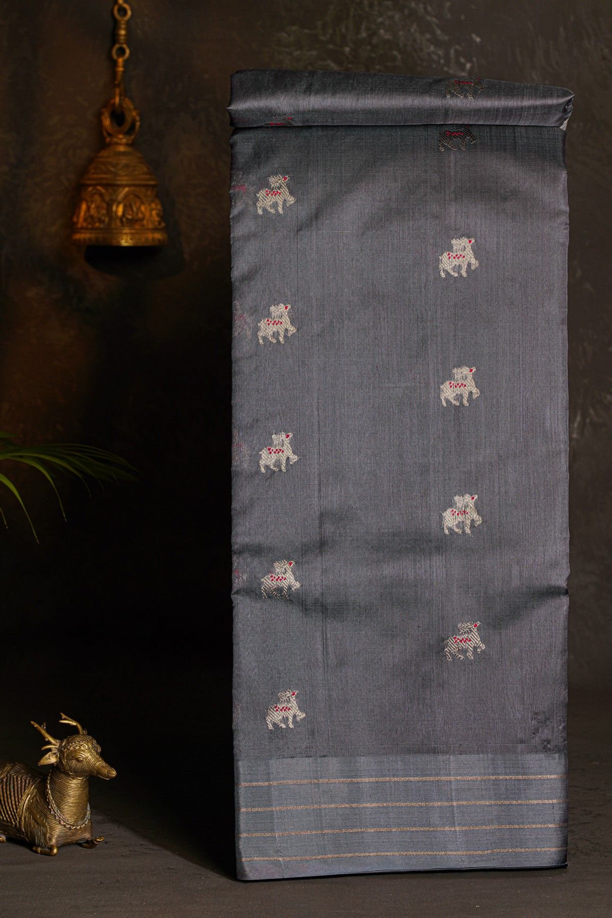 Chanderi Silk Grey Saree With Deer Buttis Body