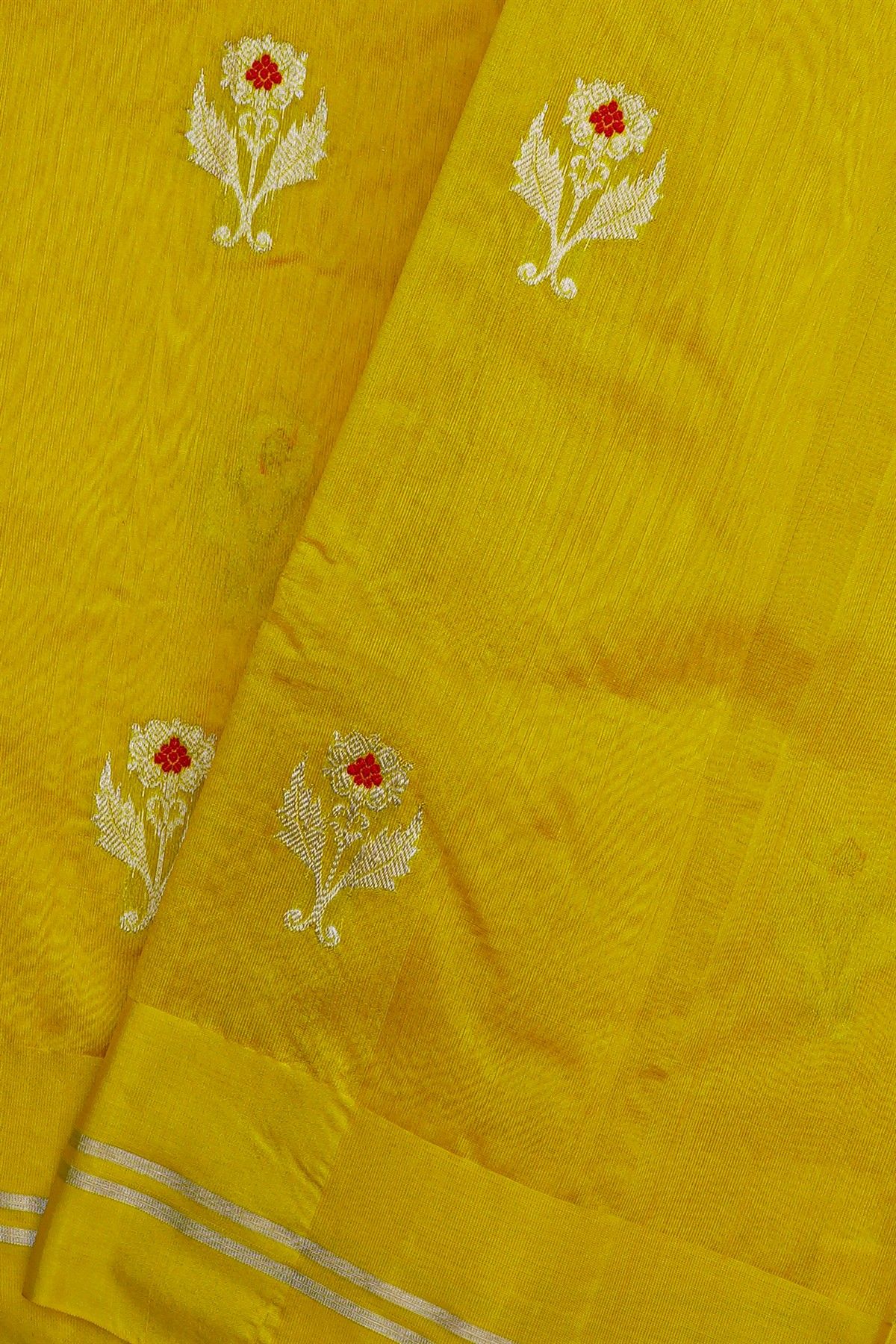 Chanderi Silk Yellow Saree With Floral Buttis Body