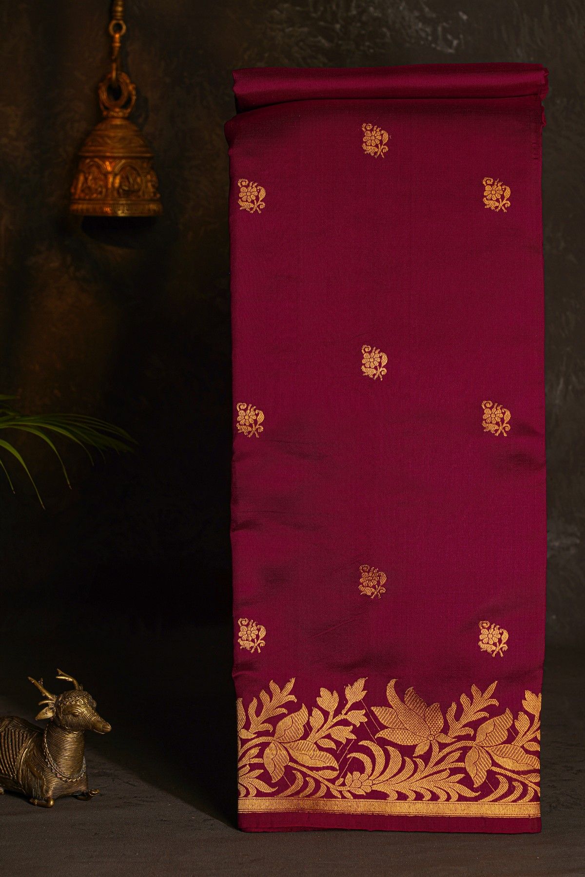 Chanderi Silk Wine Saree With Floral Buttis Body