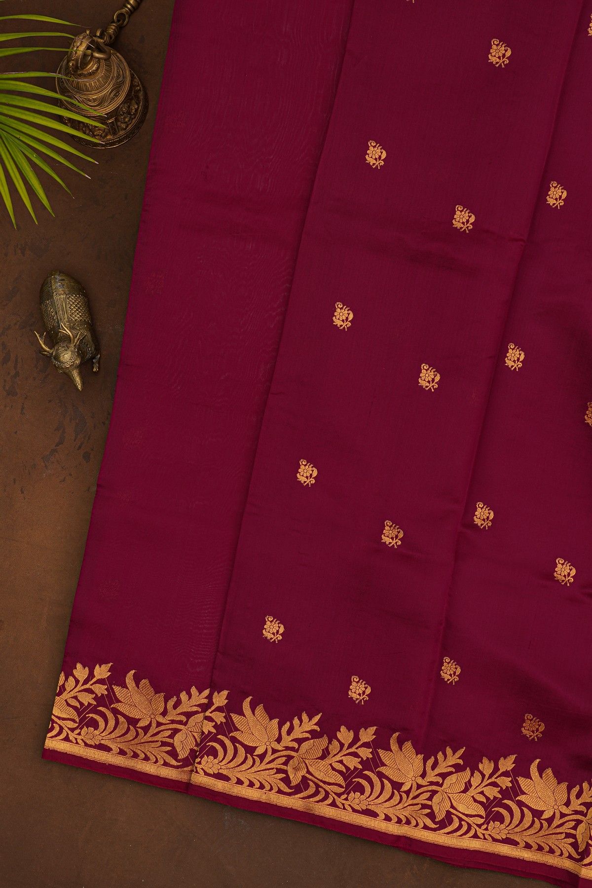 Chanderi Silk Wine Saree With Floral Buttis Body