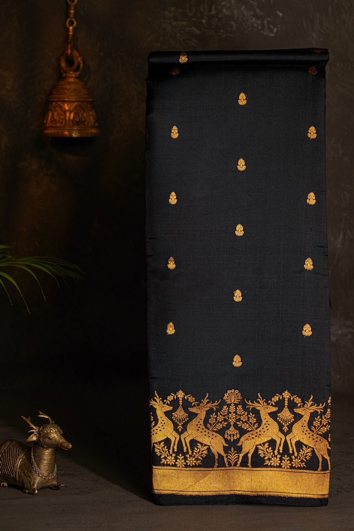 Chanderi Silk Black Saree With Florals And Deers Border