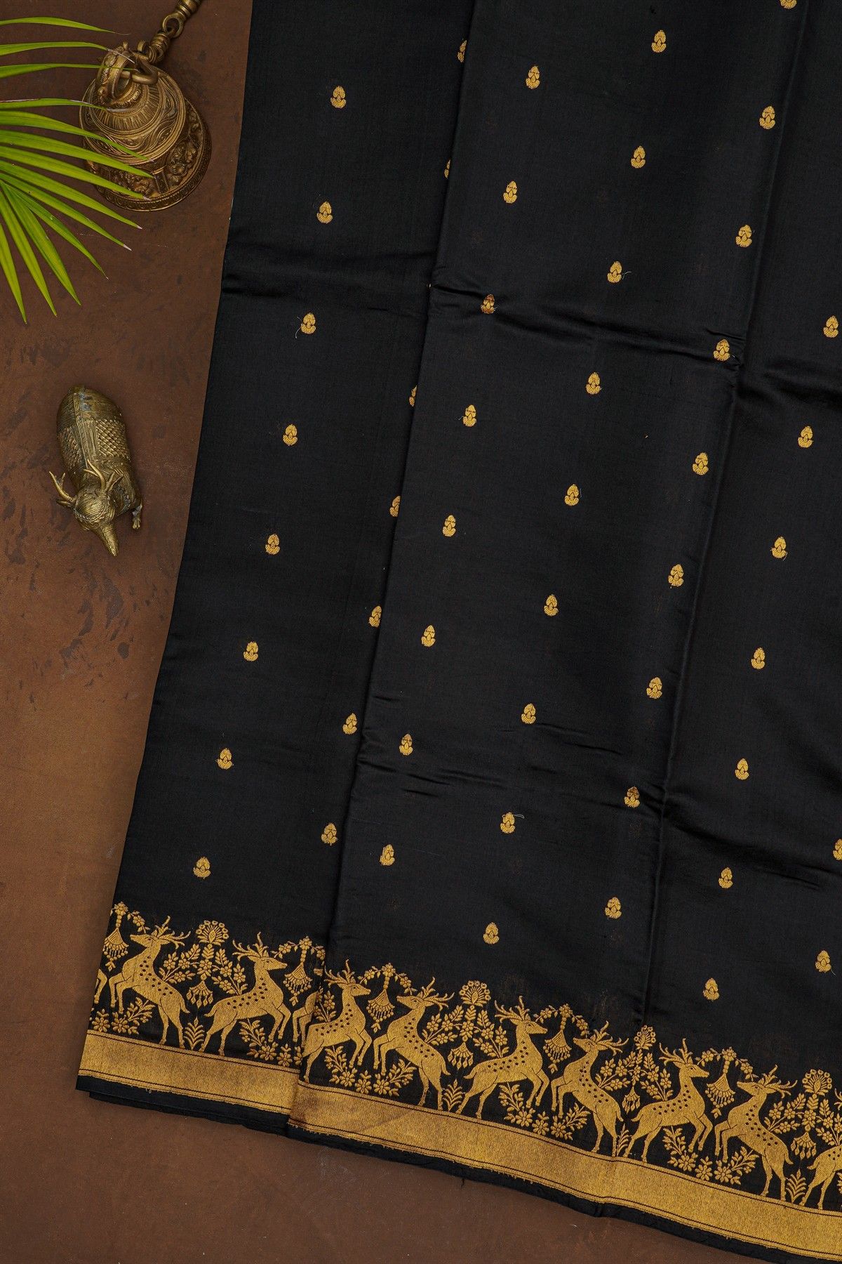 Chanderi Silk Black Saree With Florals And Deers Border