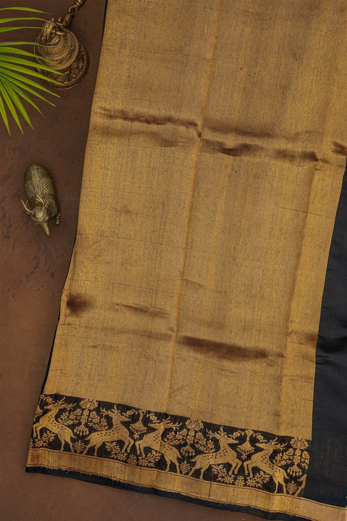 Chanderi Silk Black Saree With Florals And Deers Border