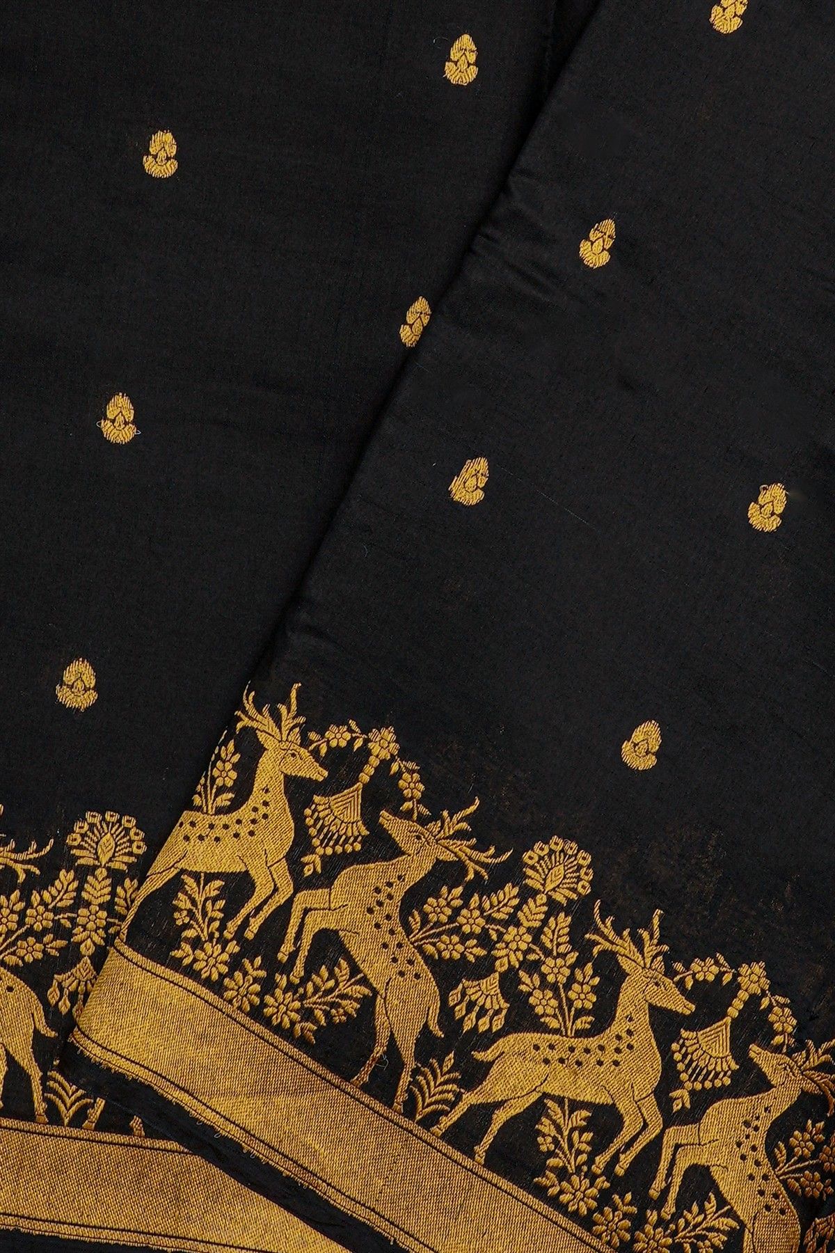 Chanderi Silk Black Saree With Florals And Deers Border
