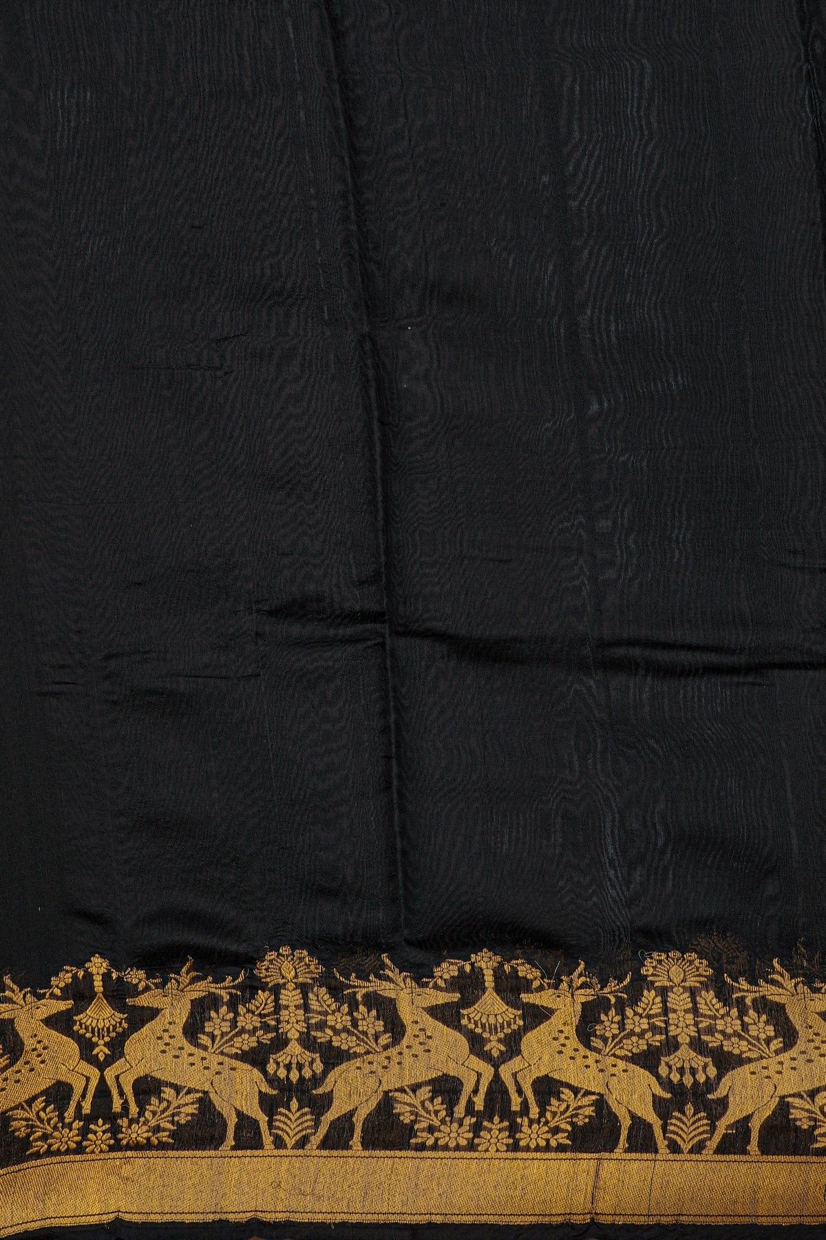 Chanderi Silk Black Saree With Florals And Deers Border