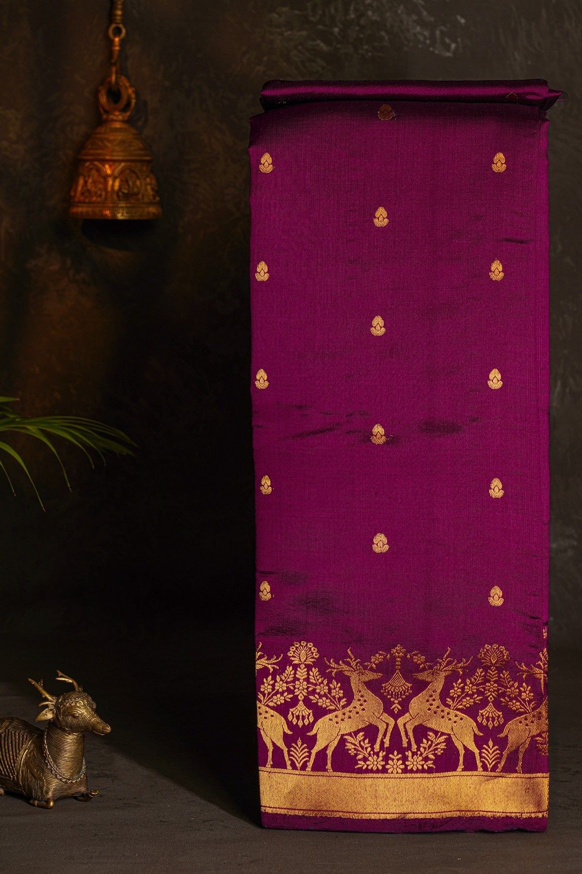 Chanderi Silk Wine Saree With Florals And Deers Border