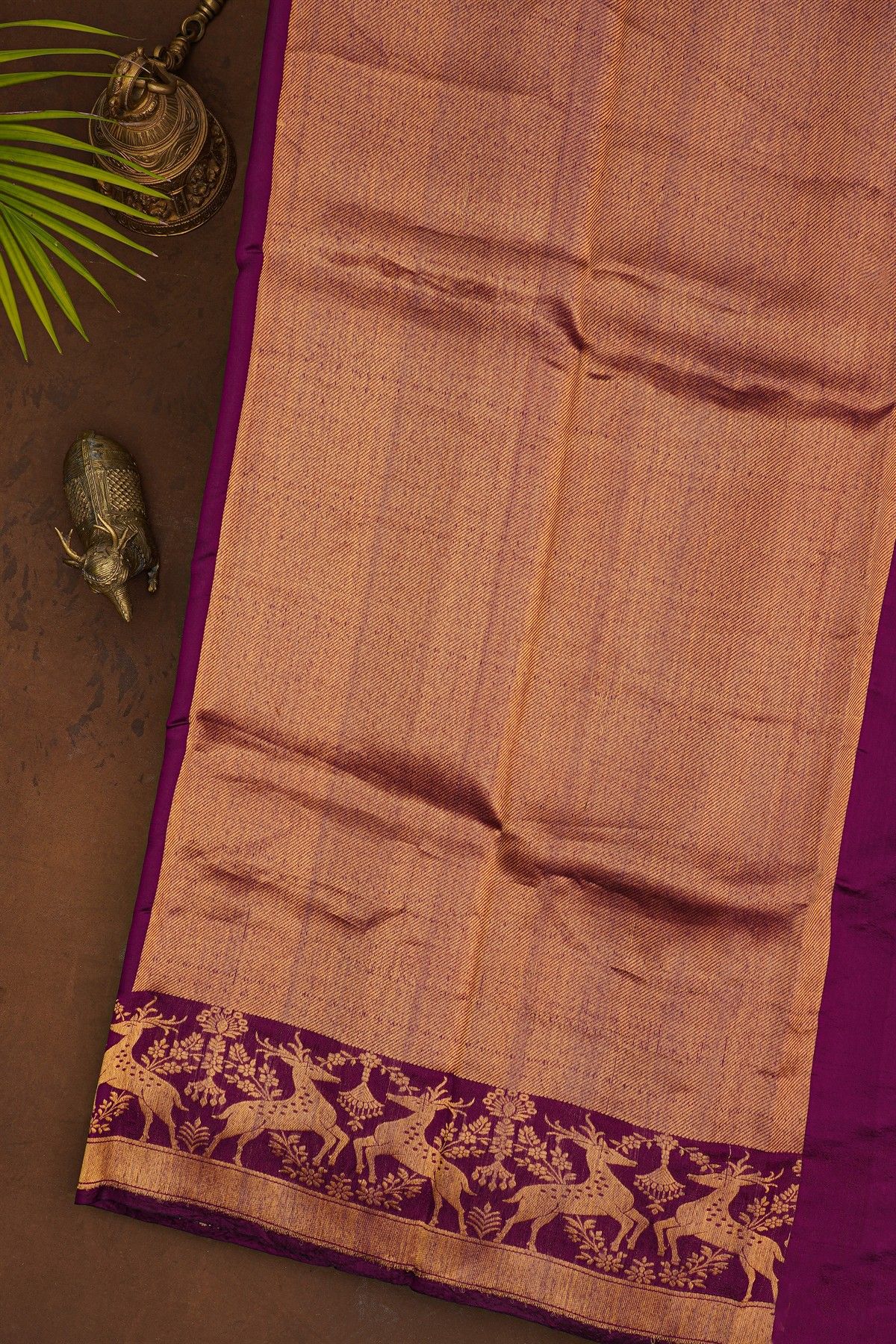 Chanderi Silk Wine Saree With Florals And Deers Border