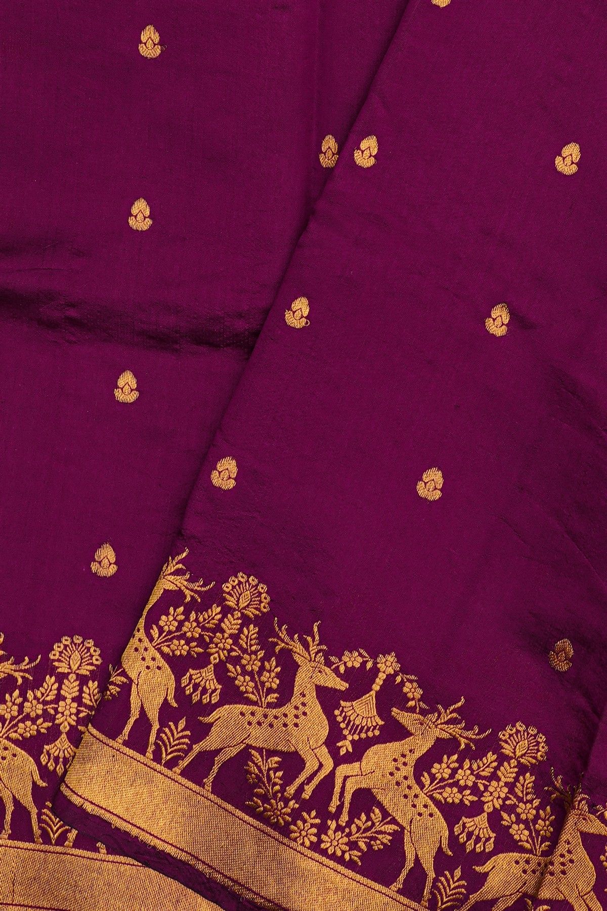 Chanderi Silk Wine Saree With Florals And Deers Border