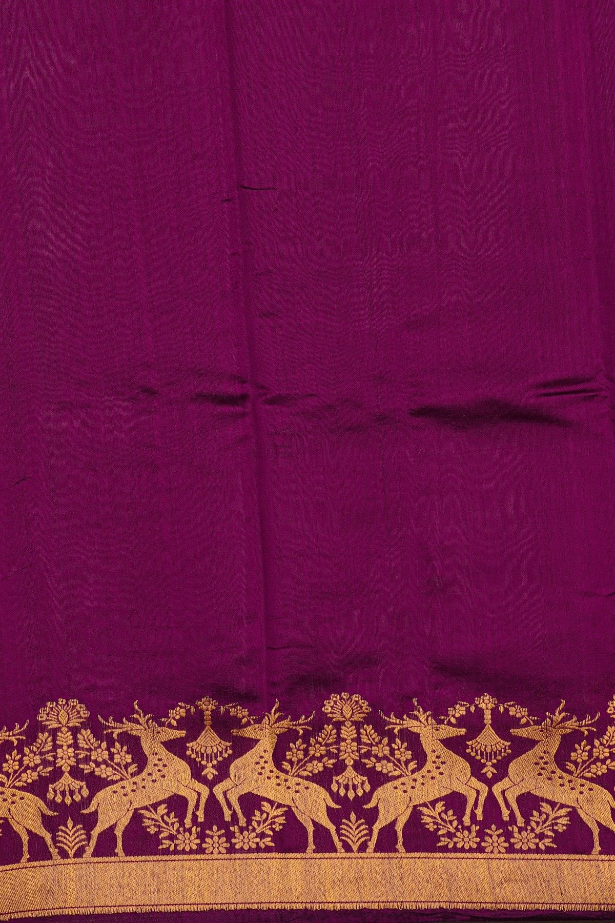 Chanderi Silk Wine Saree With Florals And Deers Border