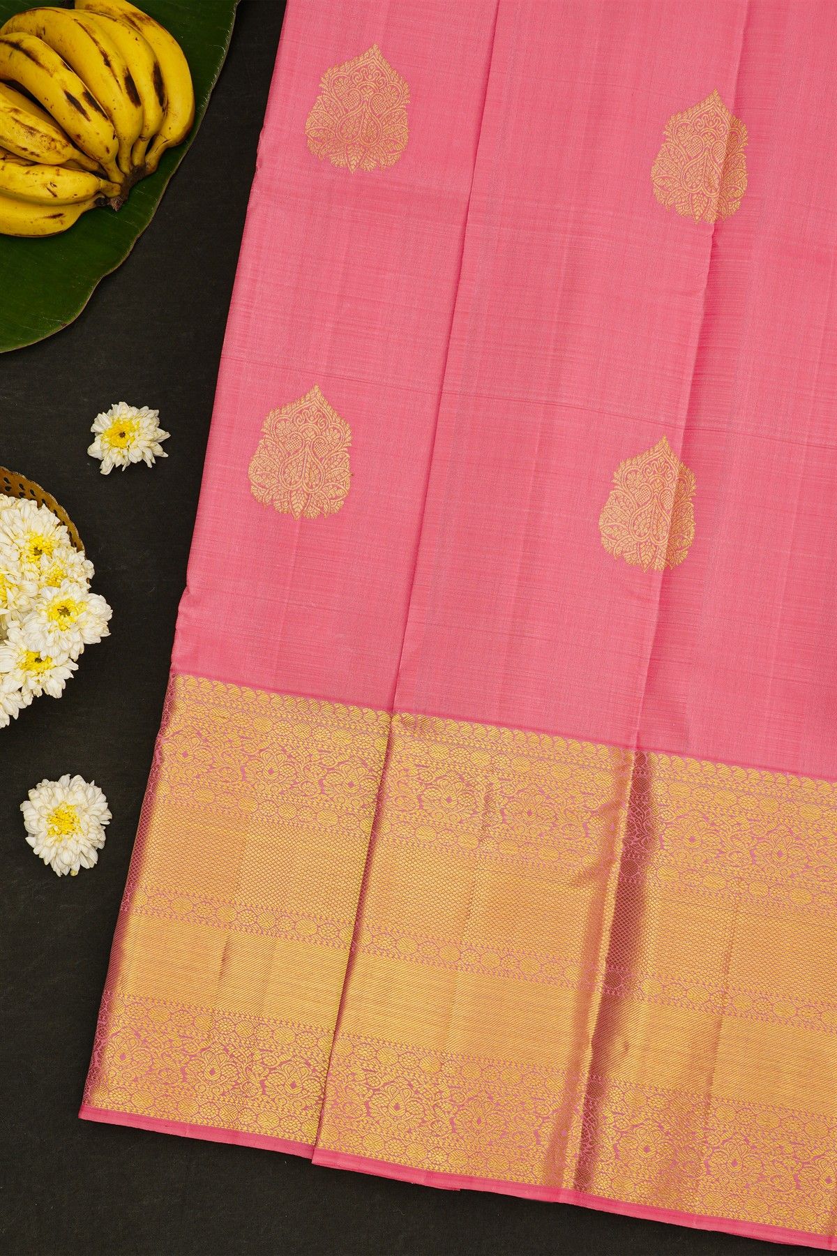 Kancheepuram Silk Baby Pink Saree With Paisley Buttis Body