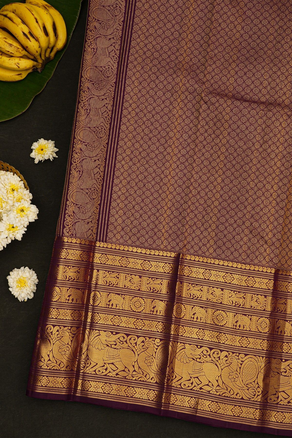 Kancheepuram Silk Violet Saree With Florals And Yalis Butti Body