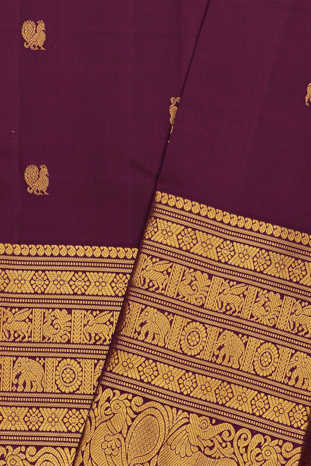 Kancheepuram Silk Violet Saree With Florals And Yalis Butti Body