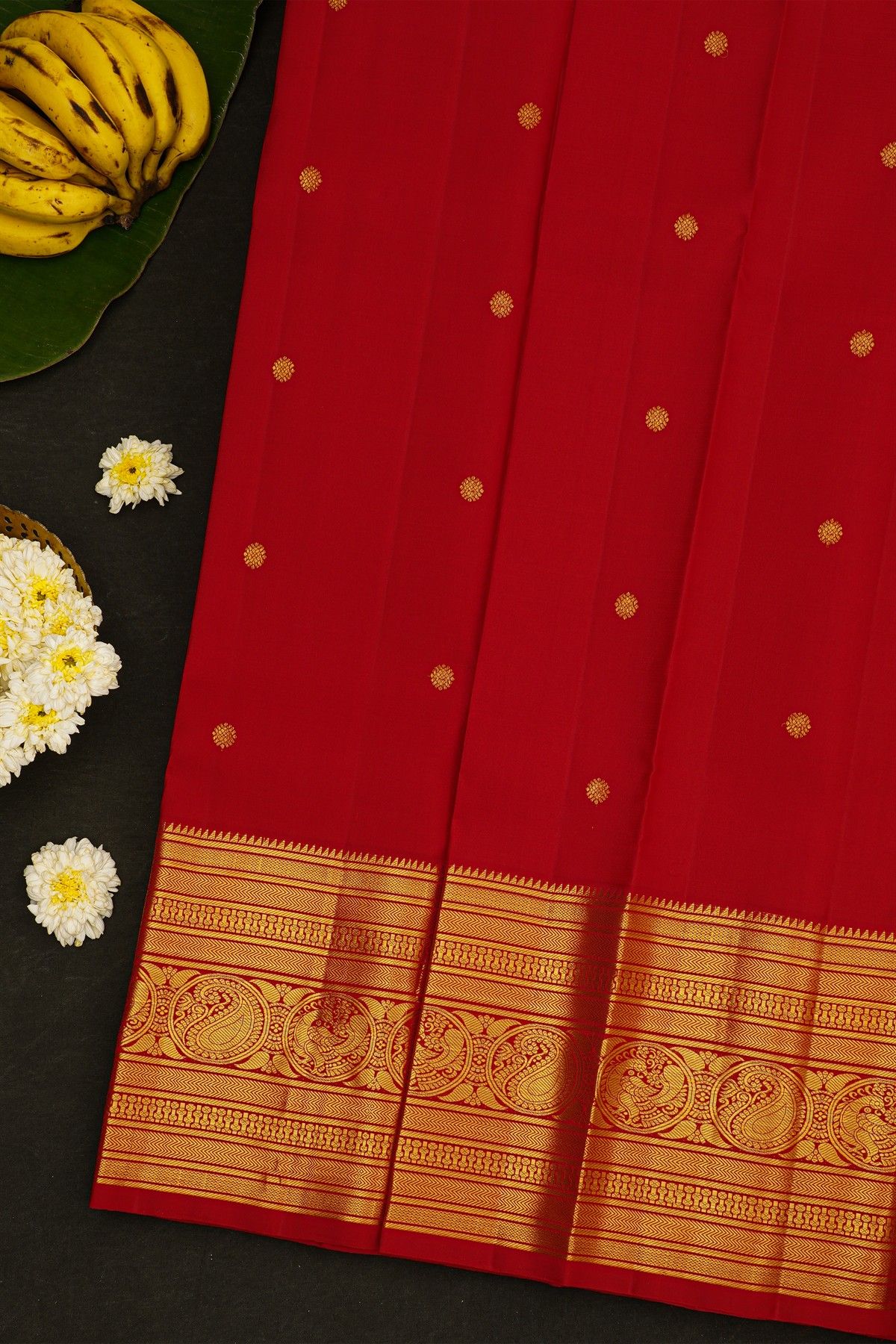Kancheepuram Silk Red Saree With Paisleys And Peacocks Border