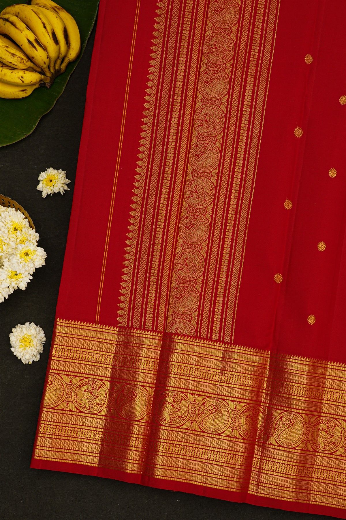 Kancheepuram Silk Red Saree With Paisleys And Peacocks Border