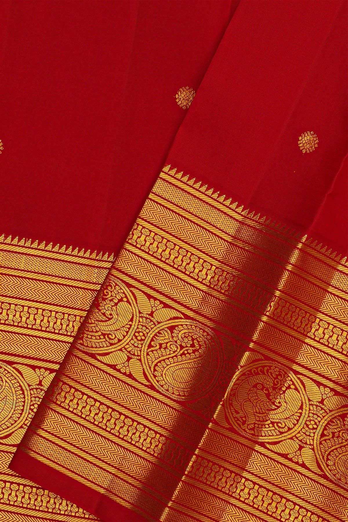 Kancheepuram Silk Red Saree With Paisleys And Peacocks Border