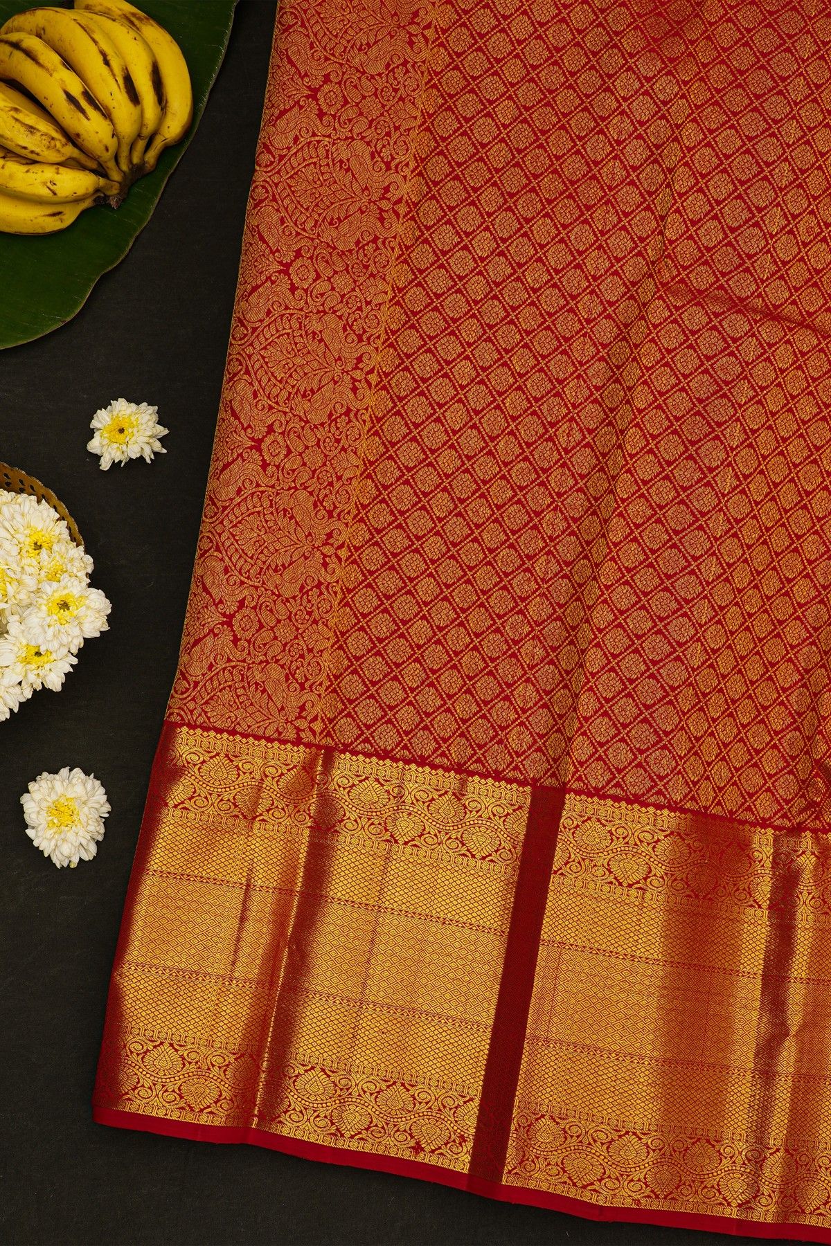 Kancheepuram Silk Red Saree With Big Florals Buttis Body And Zari Self Border