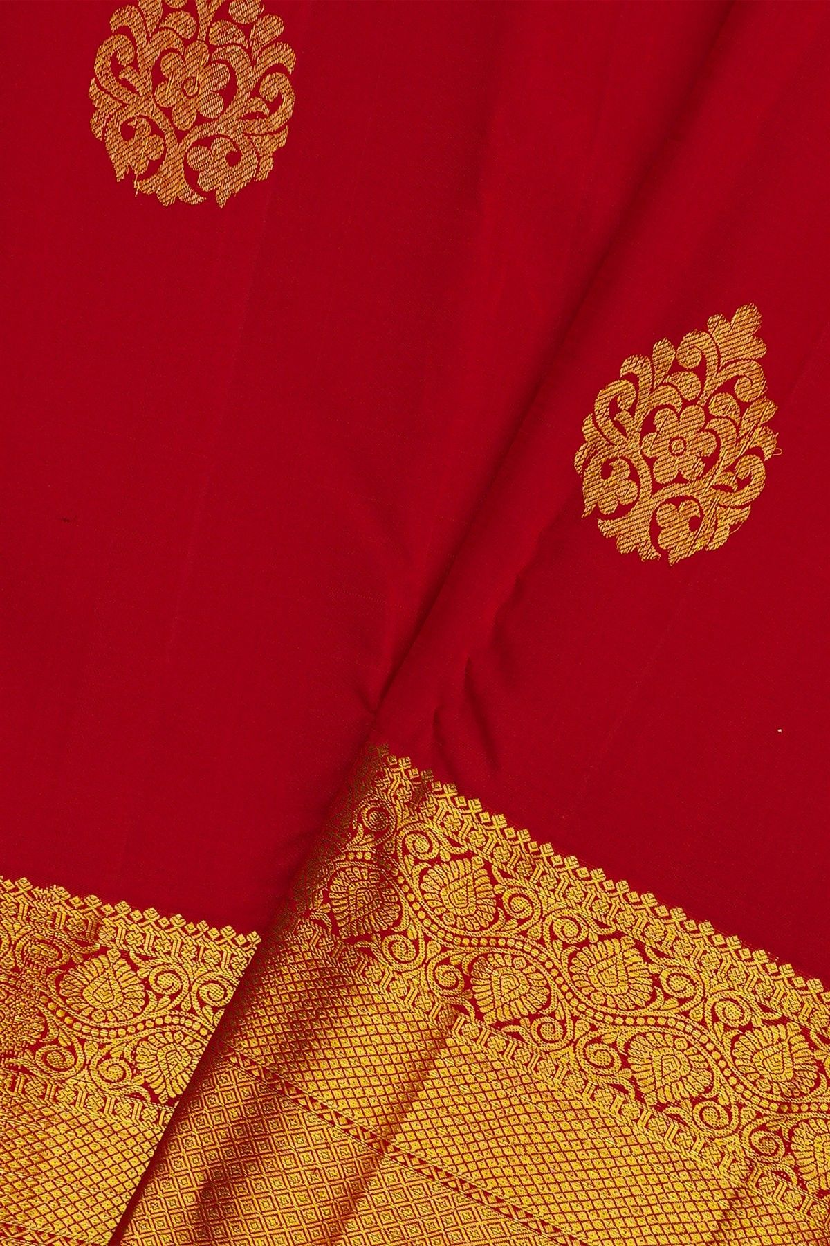 Kancheepuram Silk Red Saree With Big Florals Buttis Body And Zari Self Border