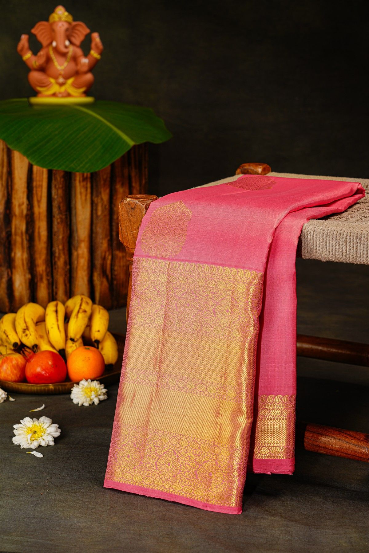 Kancheepuram Silk Baby Pink Saree With Big Body Butta And Long Border