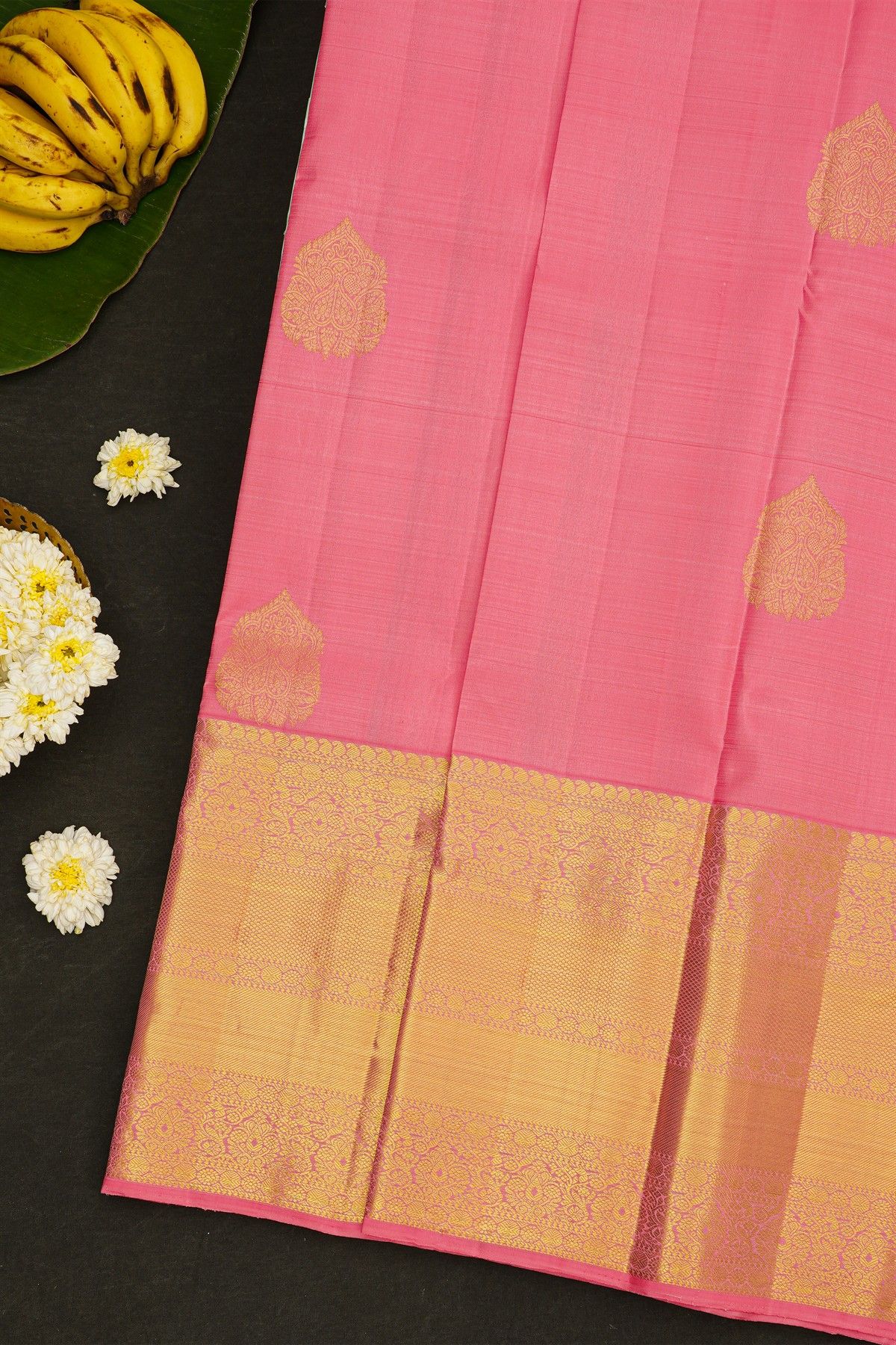 Kancheepuram Silk Baby Pink Saree With Big Body Butta And Long Border