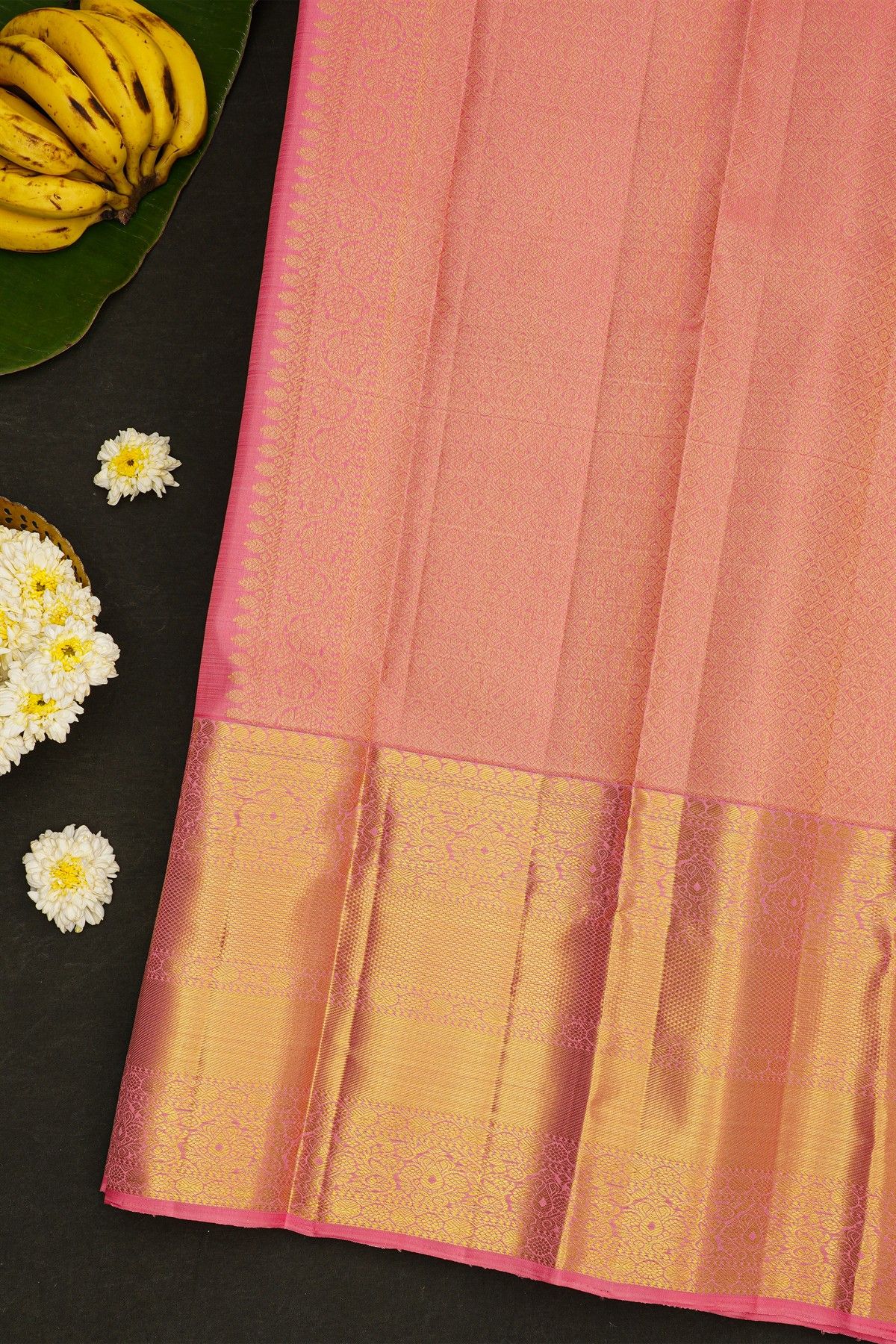 Kancheepuram Silk Baby Pink Saree With Big Body Butta And Long Border