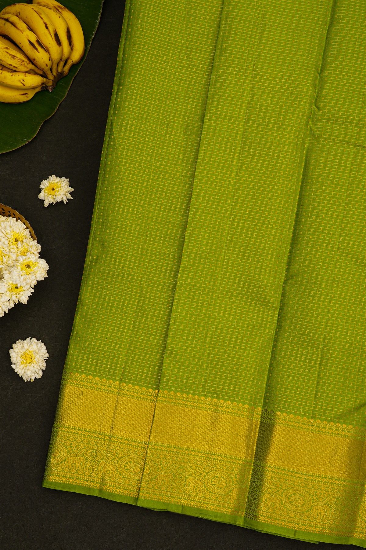 Kancheepuram Silk Parrot Green Saree With Zari Checked Body And Self Border