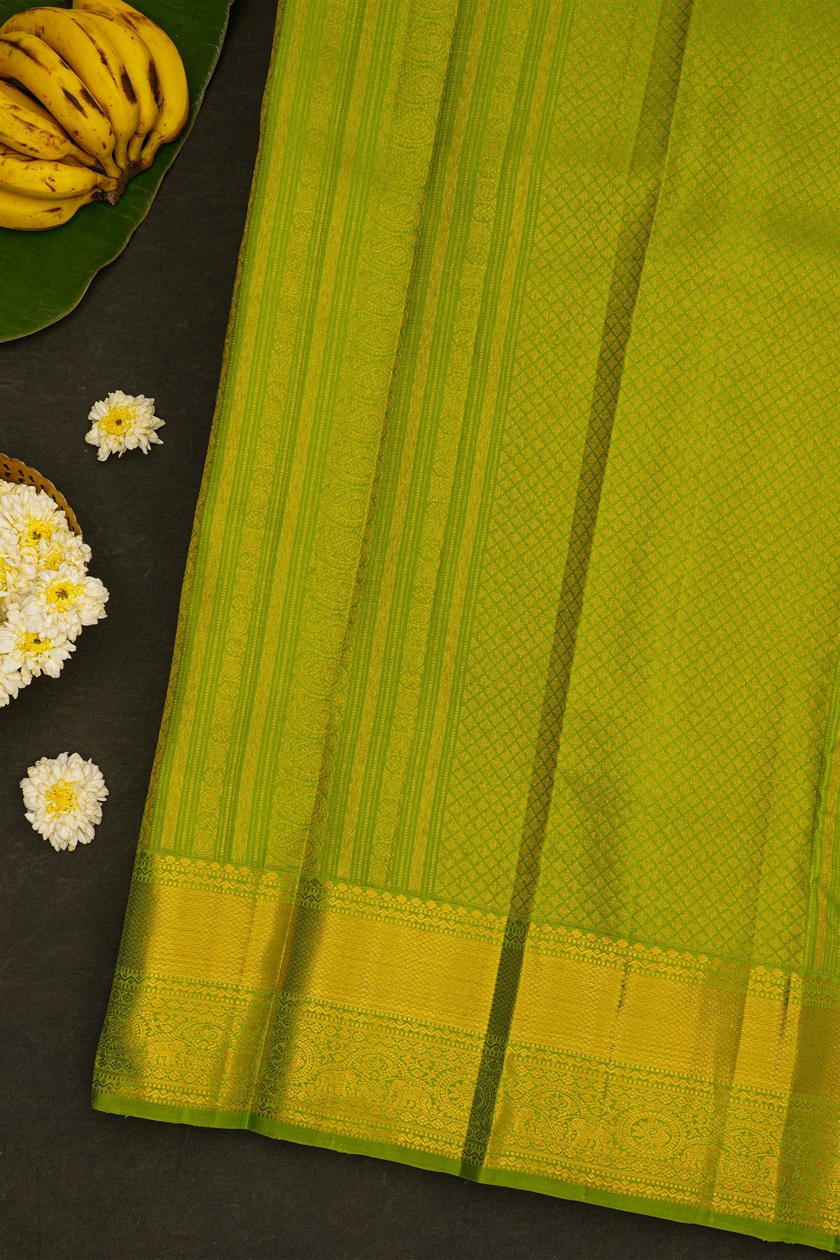 Kancheepuram Silk Parrot Green Saree With Zari Checked Body And Self Border