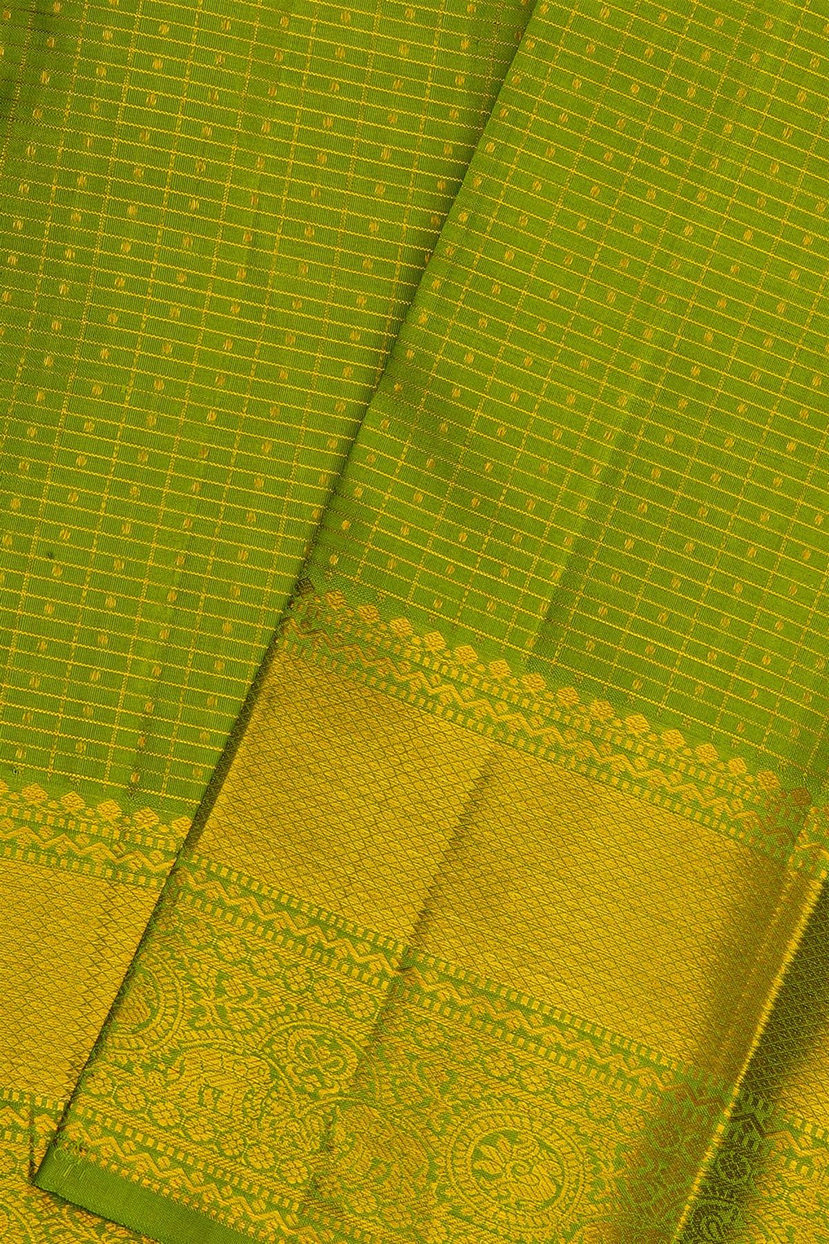 Kancheepuram Silk Parrot Green Saree With Zari Checked Body And Self Border