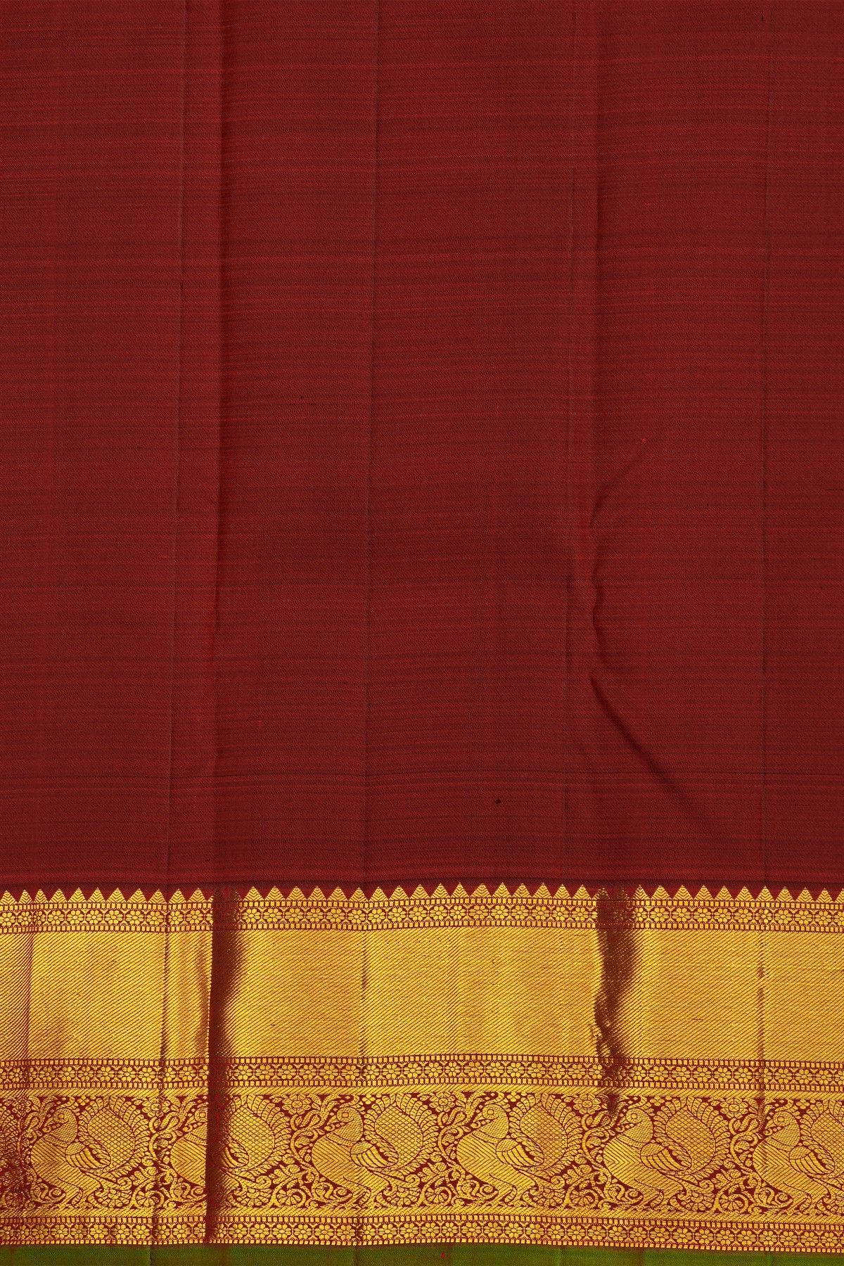 Kancheepuram Silk Maroon Saree With Cross Lines In Zari With Peacocks Border