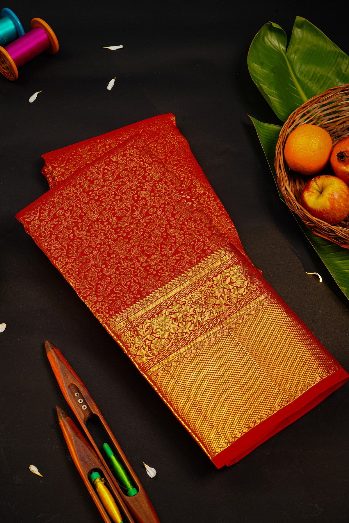 Kancheepuram Bridal Silk Red Saree With All Over Zari Jaal Self Border