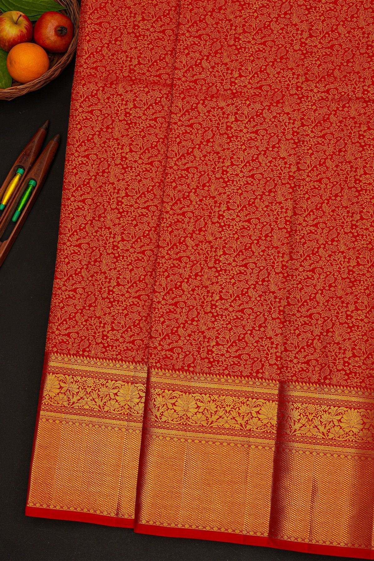 Kancheepuram Bridal Silk Red Saree With All Over Zari Jaal Self Border