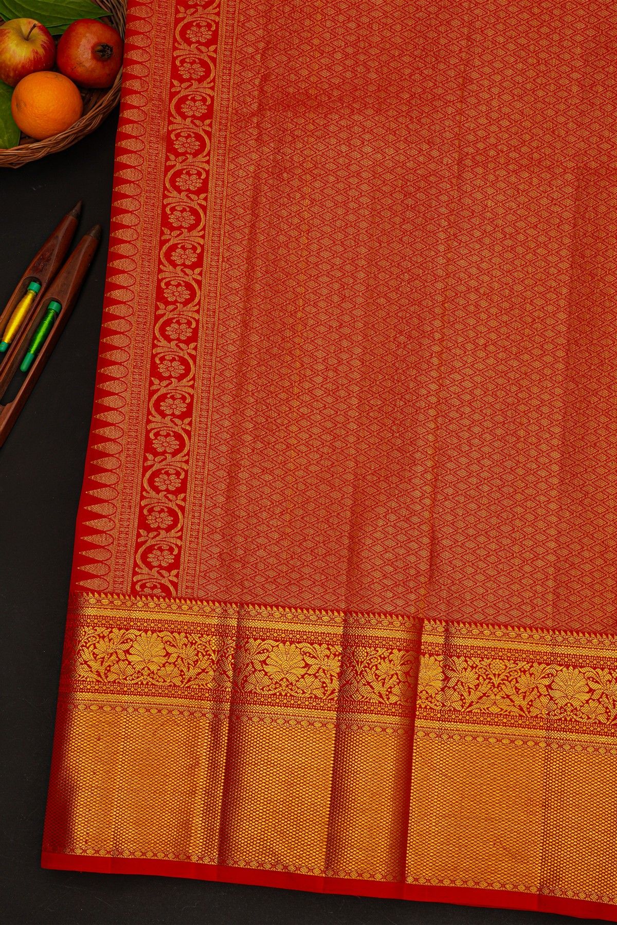 Kancheepuram Bridal Silk Red Saree With All Over Zari Jaal Self Border