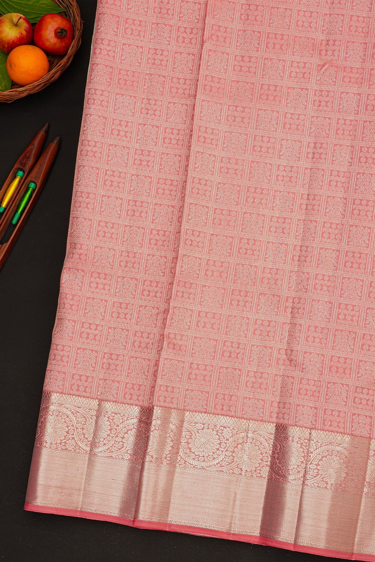 Kancheepuram Silk Baby Pink Saree With Boxes In Weaving Body Self Zari Border
