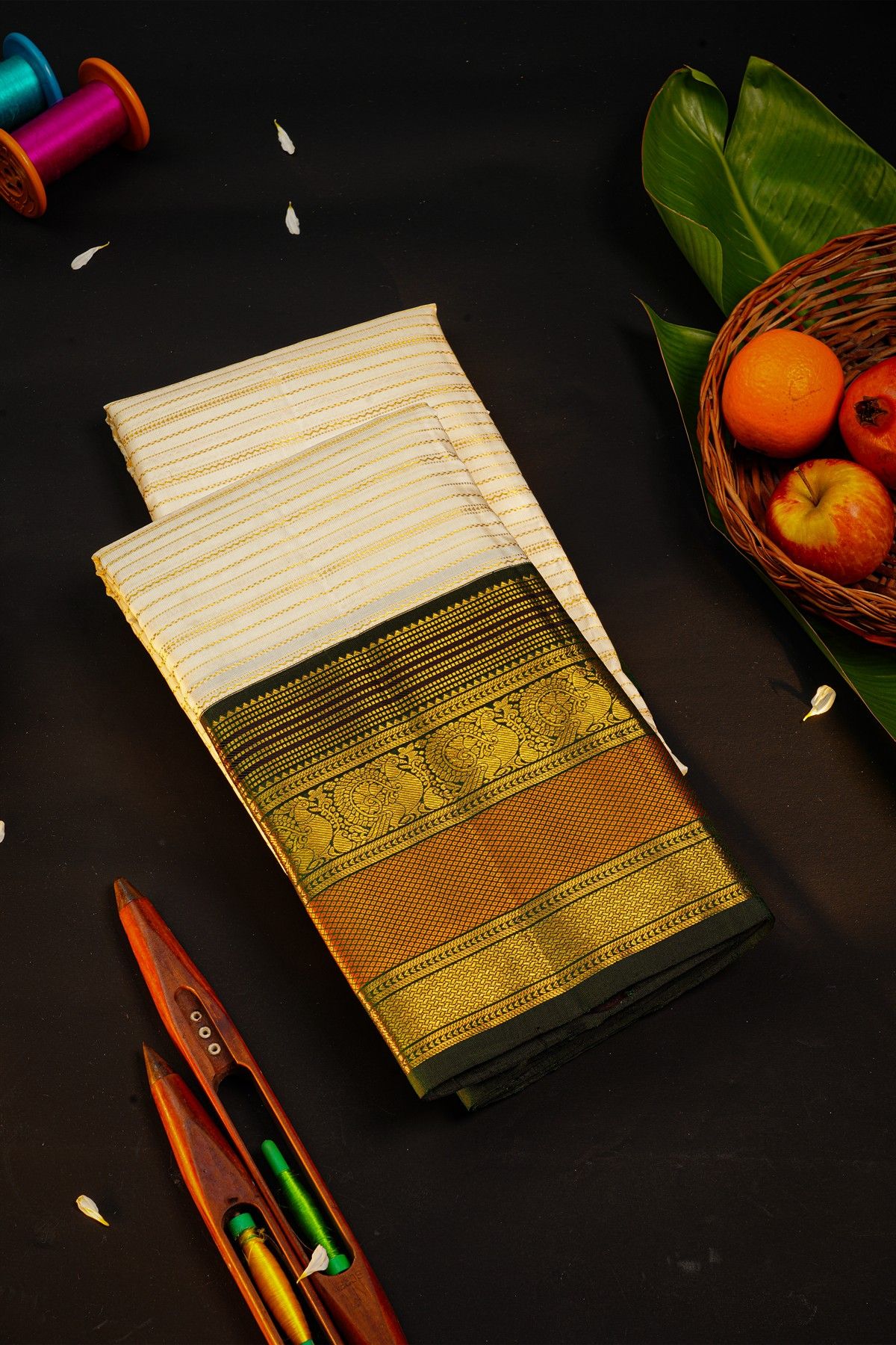Kancheepuram Silk White Saree With Gold Zari Lines Body