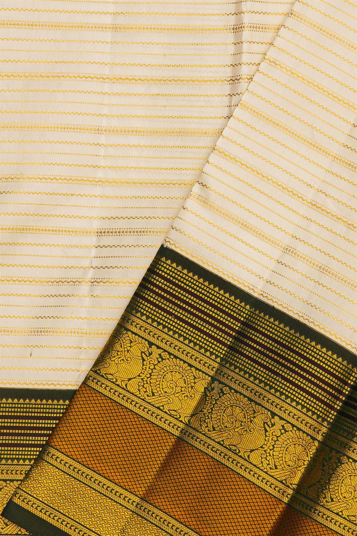 Kancheepuram Silk White Saree With Gold Zari Lines Body