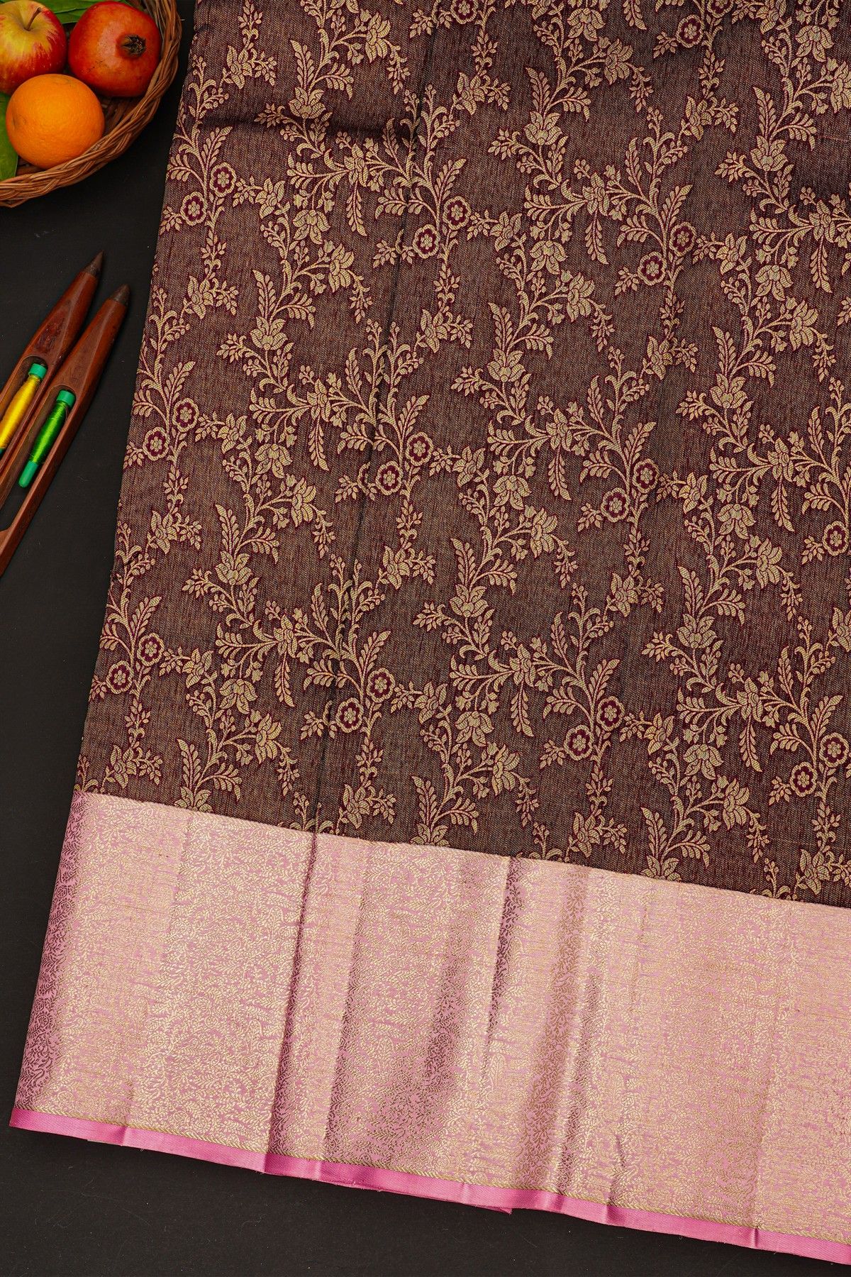 Kancheepuram Silk Brown Saree With Mat Finishing Zari Jaal Pastel Border