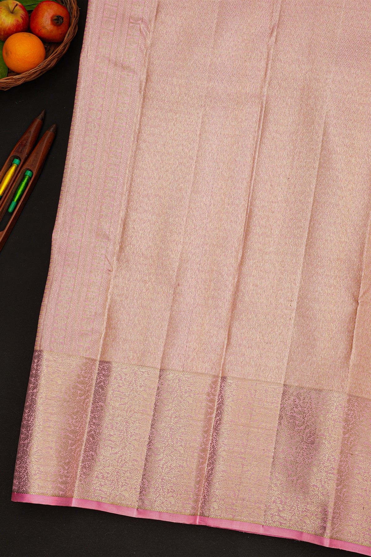 Kancheepuram Silk Brown Saree With Mat Finishing Zari Jaal Pastel Border