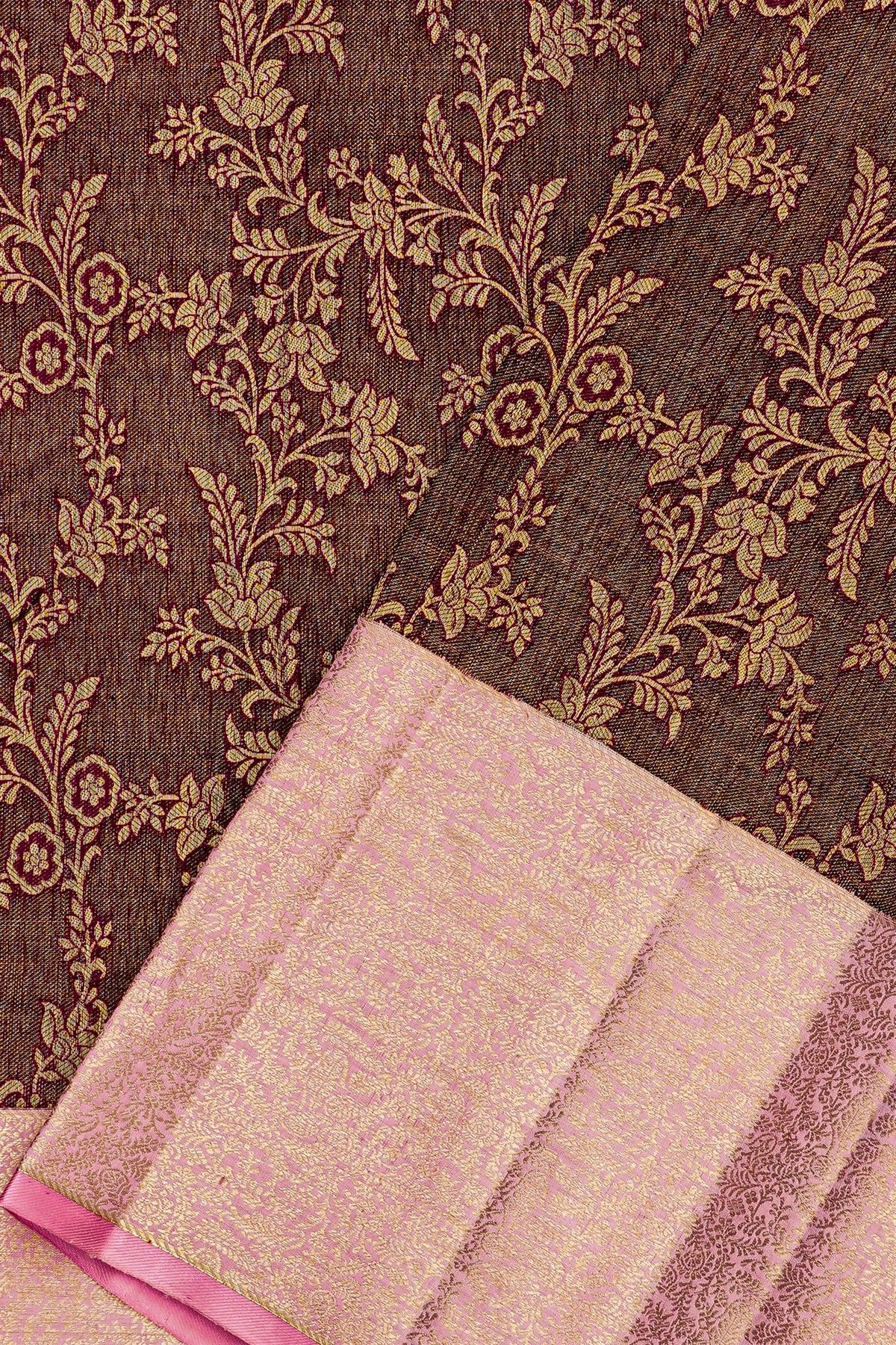 Kancheepuram Silk Brown Saree With Mat Finishing Zari Jaal Pastel Border
