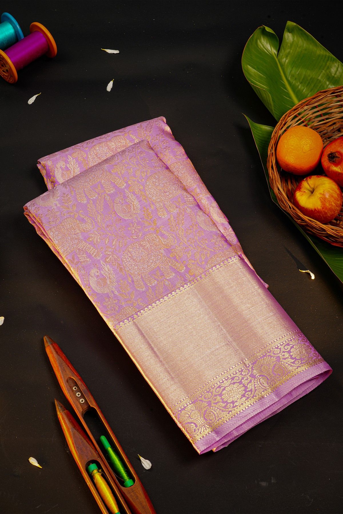 Kancheepuram Silk Lavender Saree WIth Silver And Gold Elephants