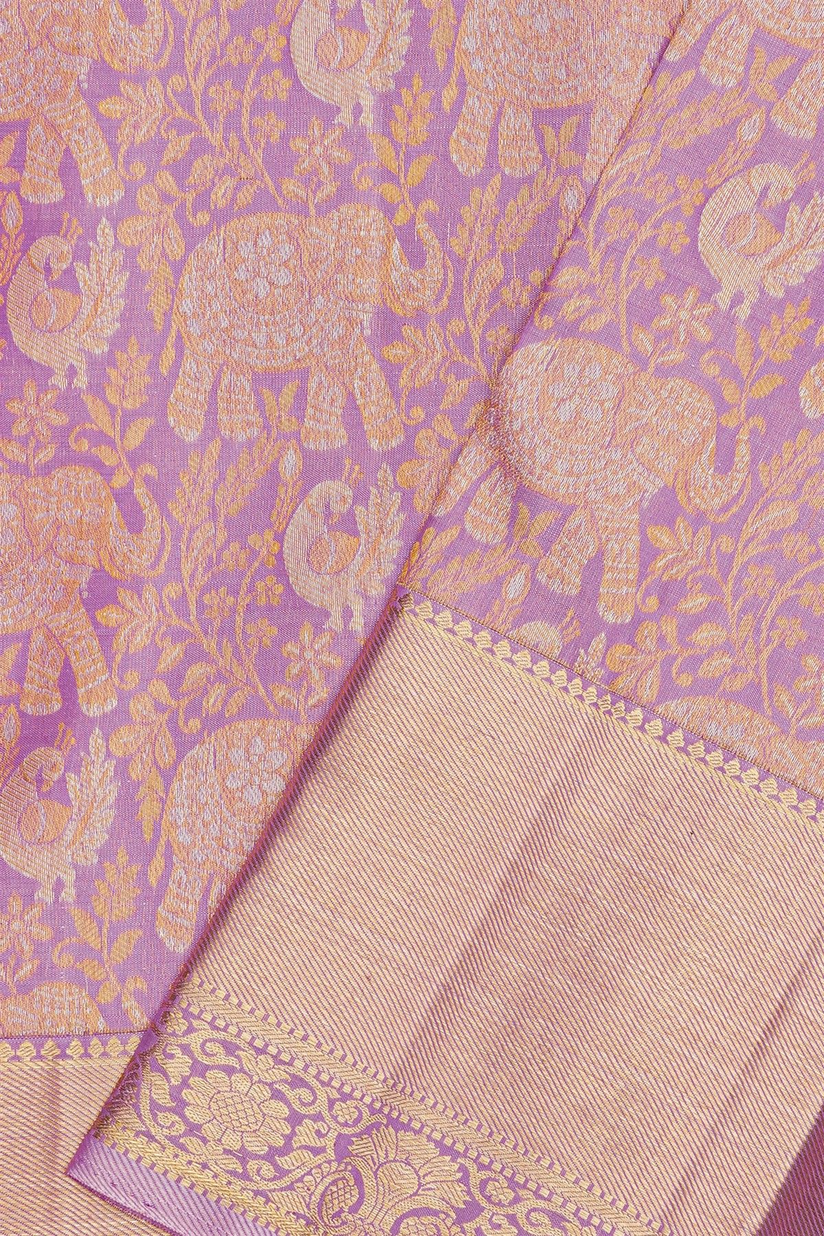 Kancheepuram Silk Lavender Saree WIth Silver And Gold Elephants