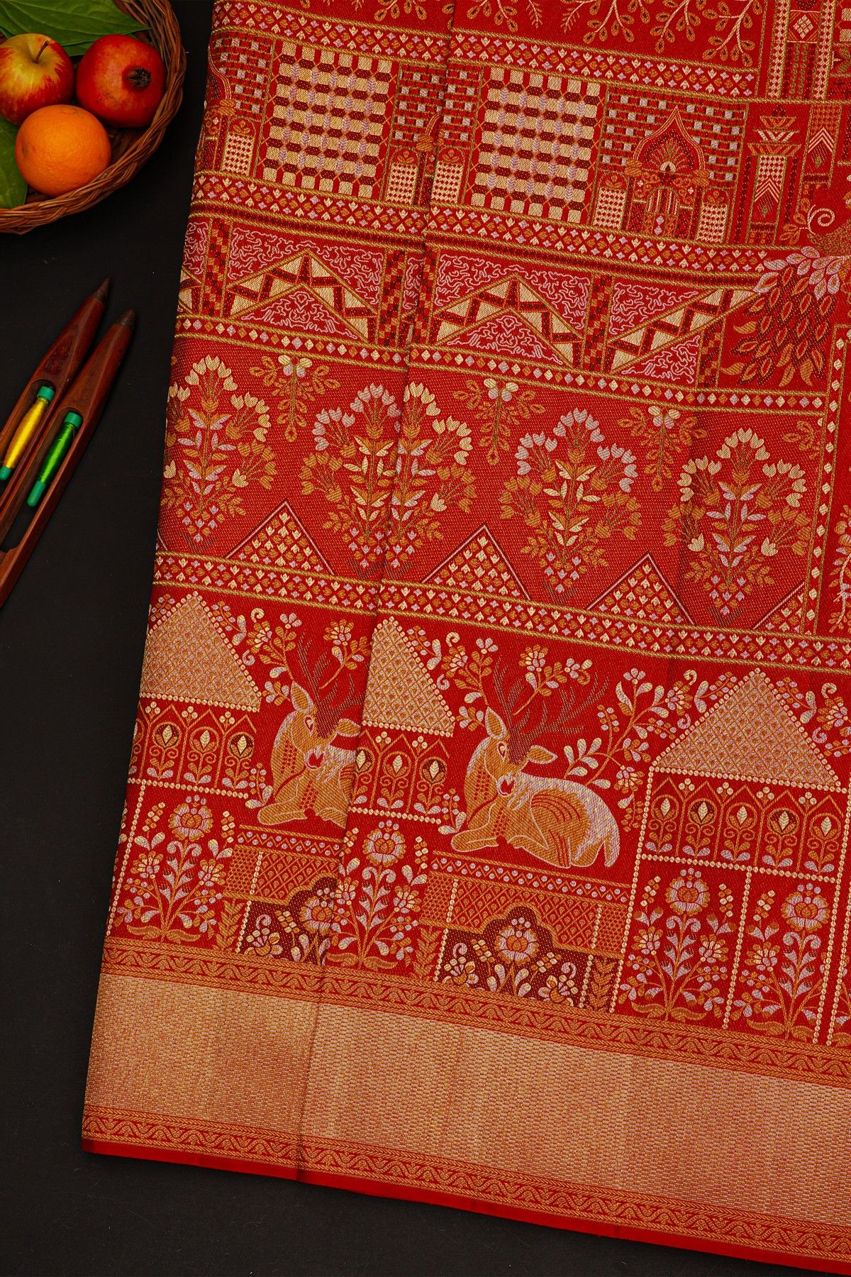 Kancheepuram Silk Bridal Red Saree With Deers And Meenakari