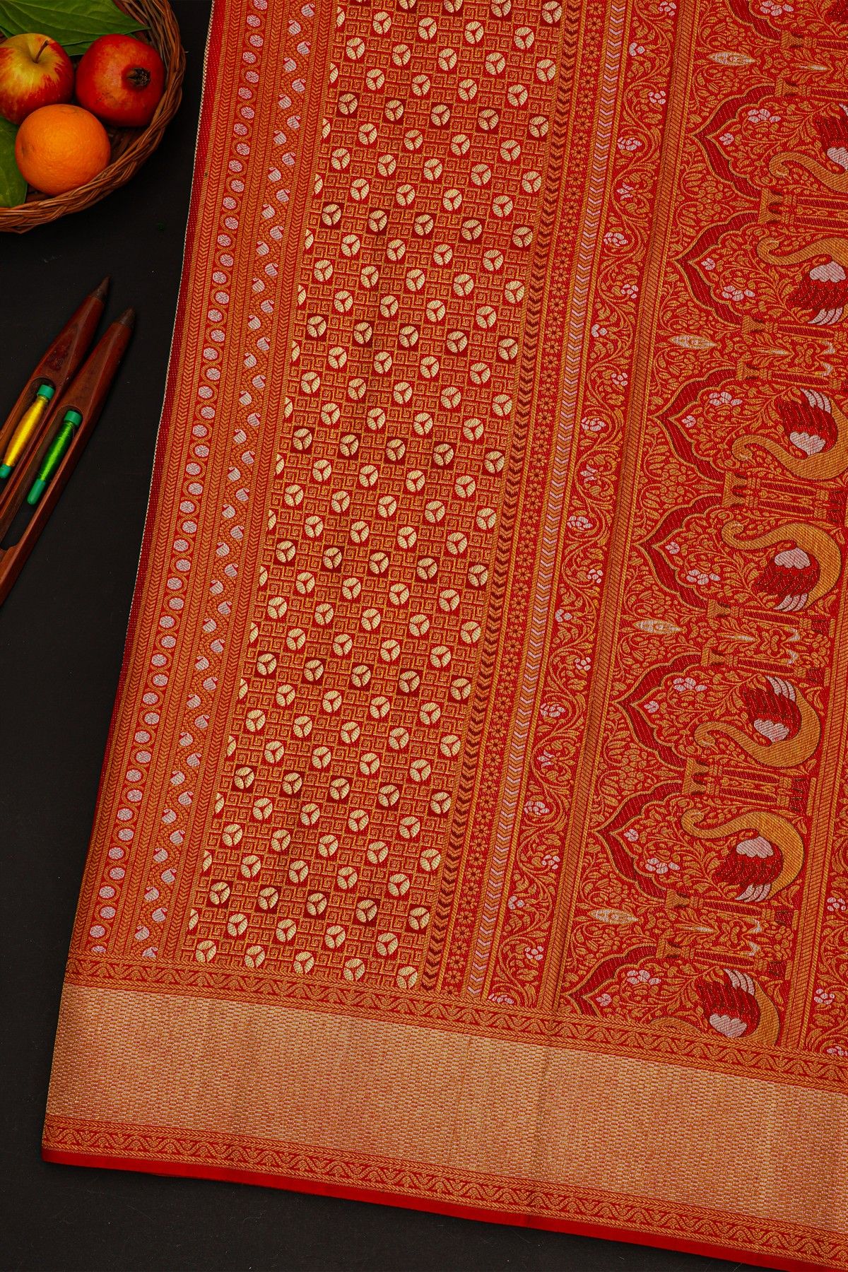Kancheepuram Silk Bridal Red Saree With Deers And Meenakari