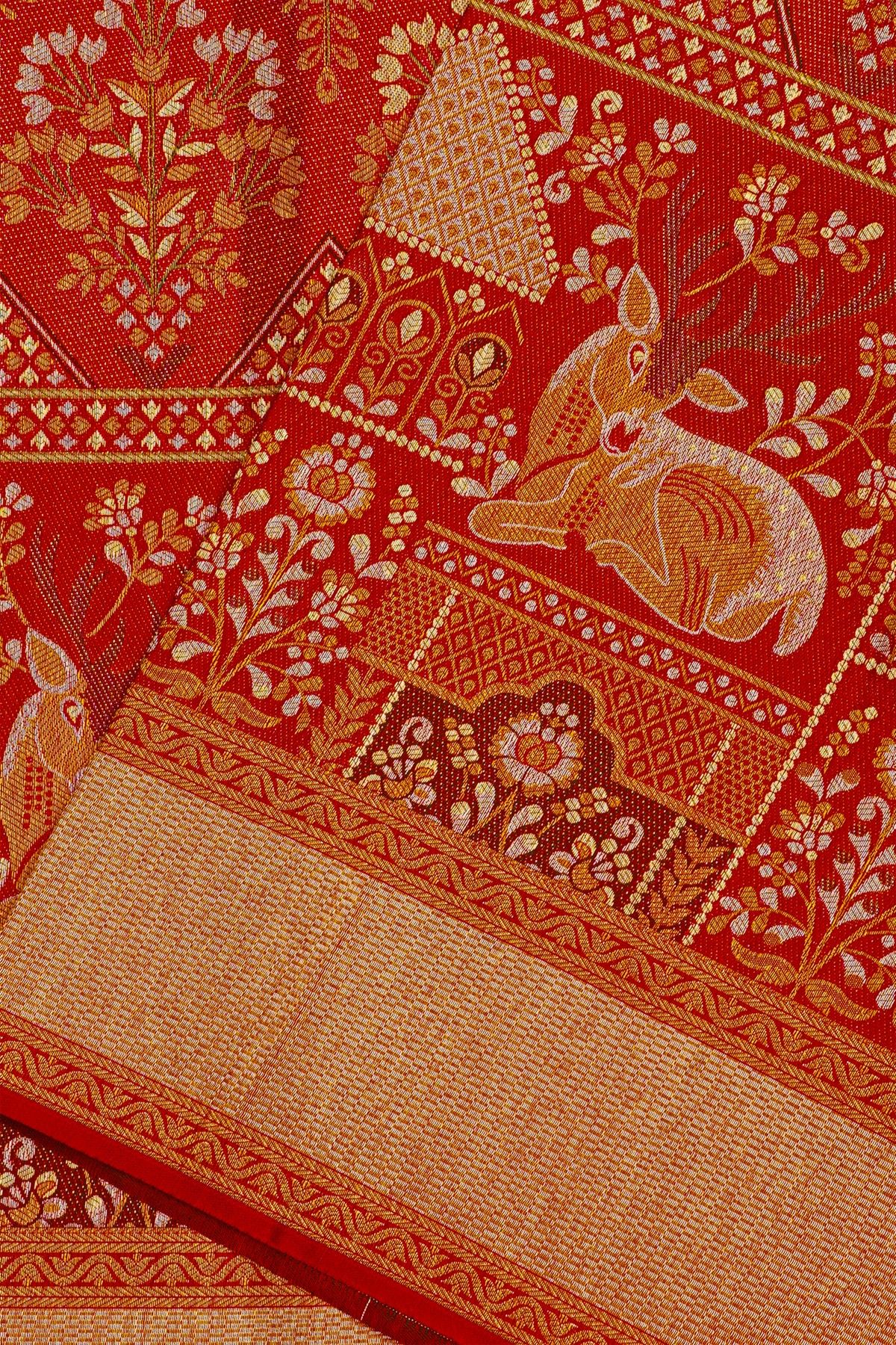 Kancheepuram Silk Bridal Red Saree With Deers And Meenakari