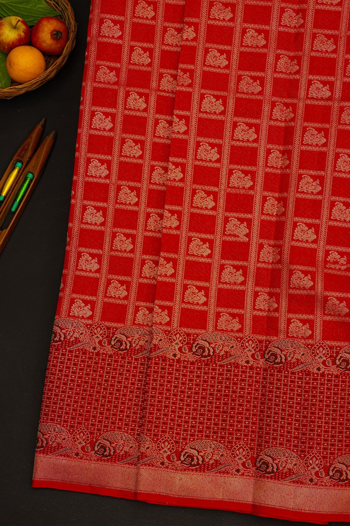 Kancheepuram Silk Bridal Red Saree With Peacock Buttis In Checks Body Meenakari Border